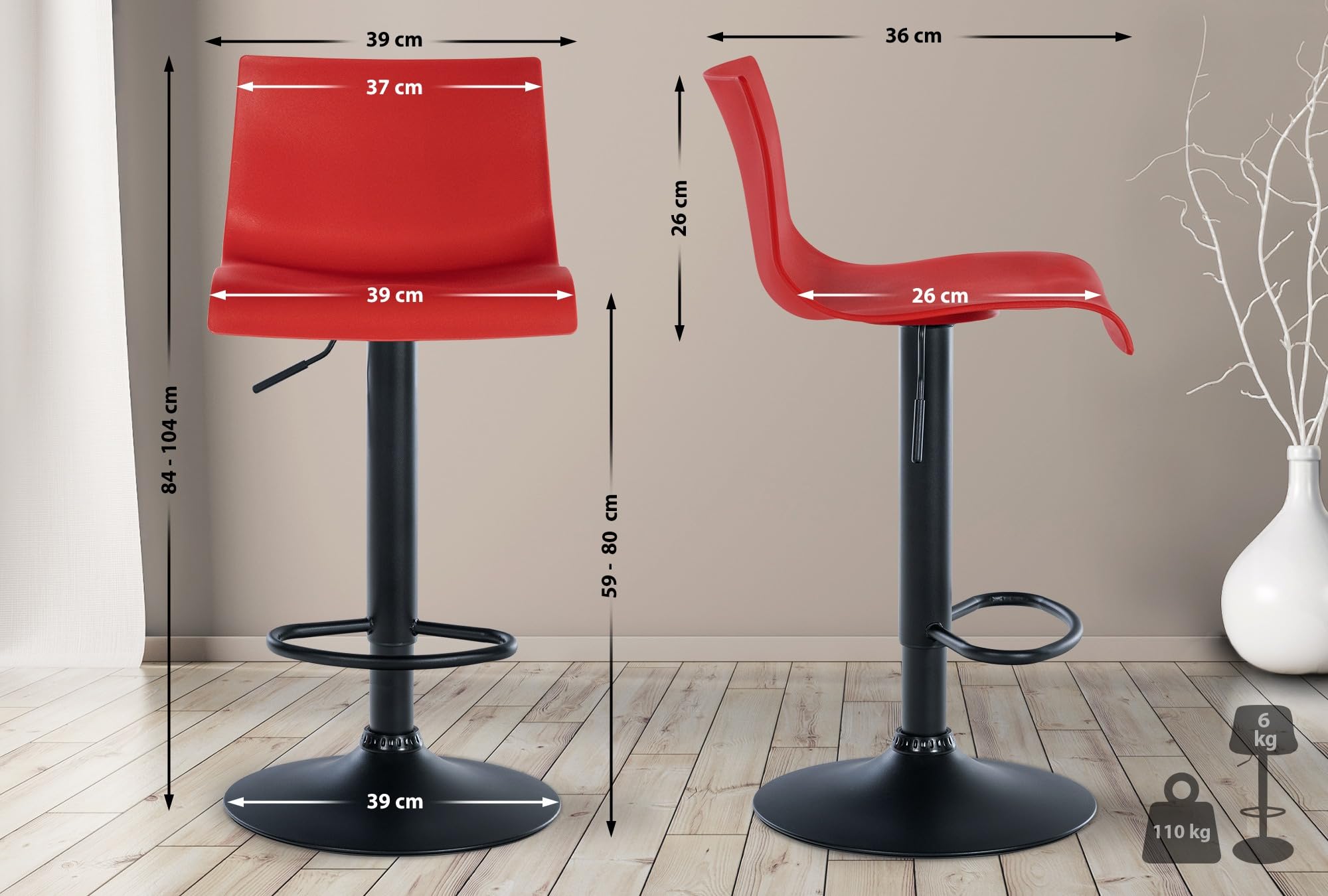 CLP 2er Set Barhocker Branford I Stoff I Kunststoff I Höhenverstellbarer Küchenhocker I Thekenhocker Mit Integrierter Fußstütze Farbe rot Material Kunststoff