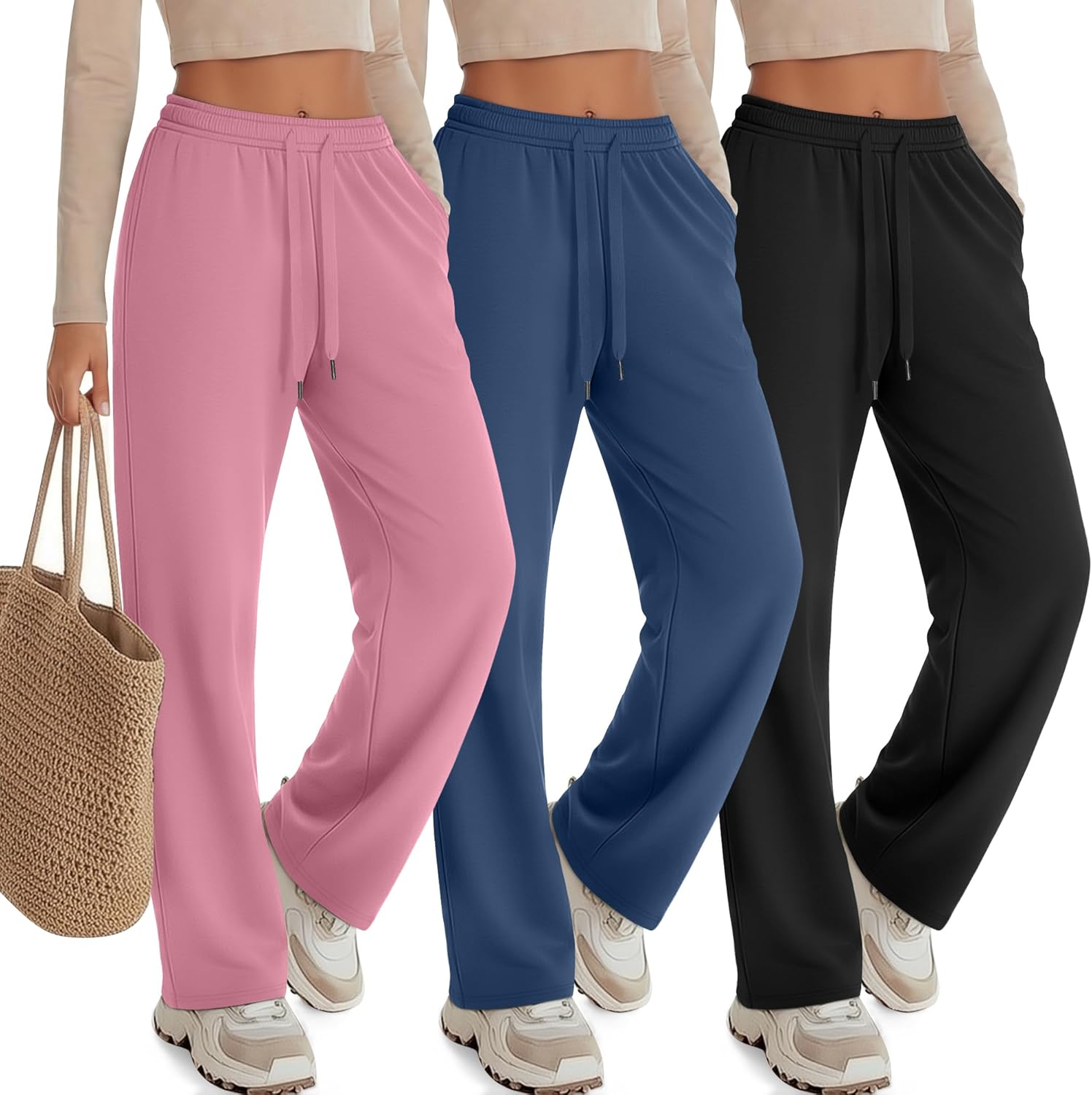 3 Pack Womens Lounge Pants Wide Leg Drawstring Casual Palazzo Trousers High Waisted Yoga Sweatpants with Pockets