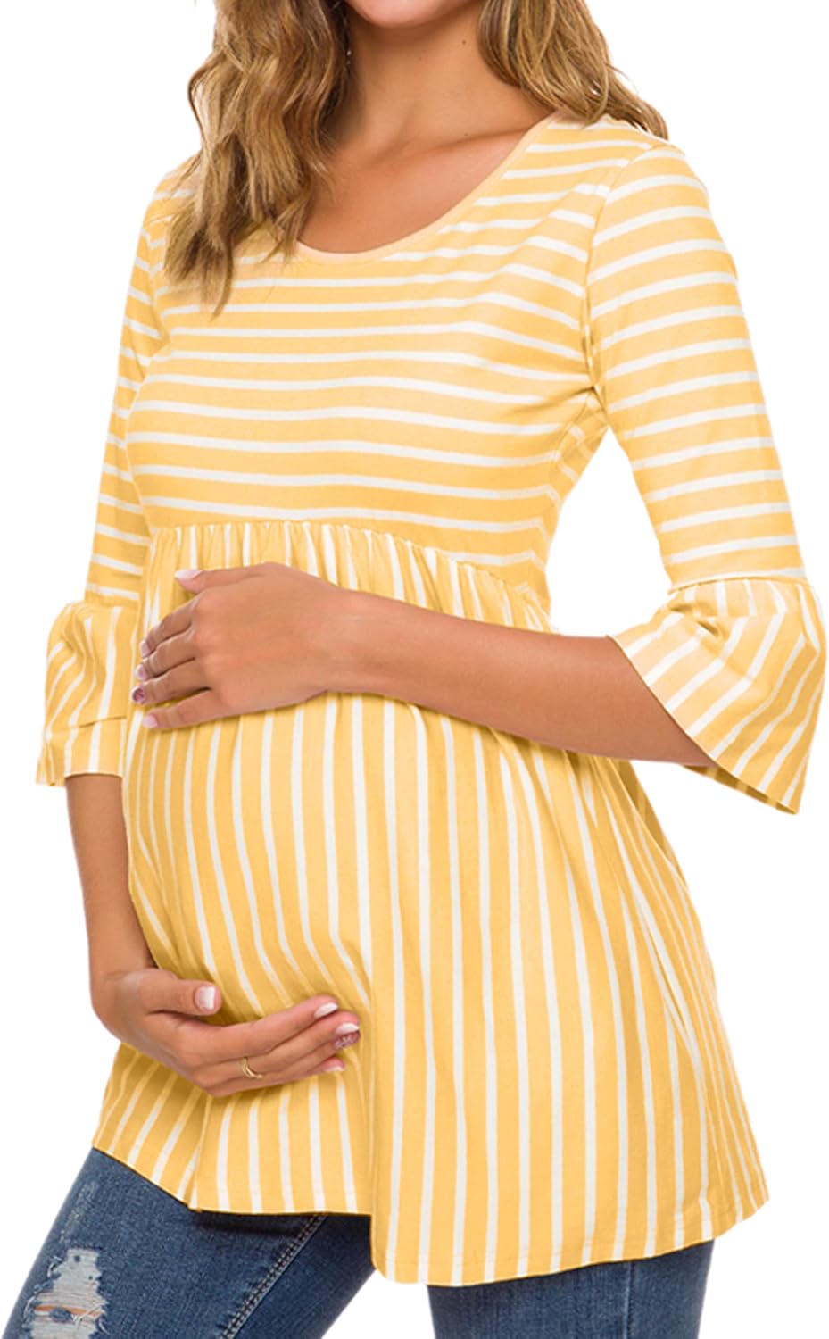Ecavus Womens Casual Maternity Tops Striped Peplum 3/4 Ruffle Sleeve Shirt Ultra Soft Pregnancy Clothing