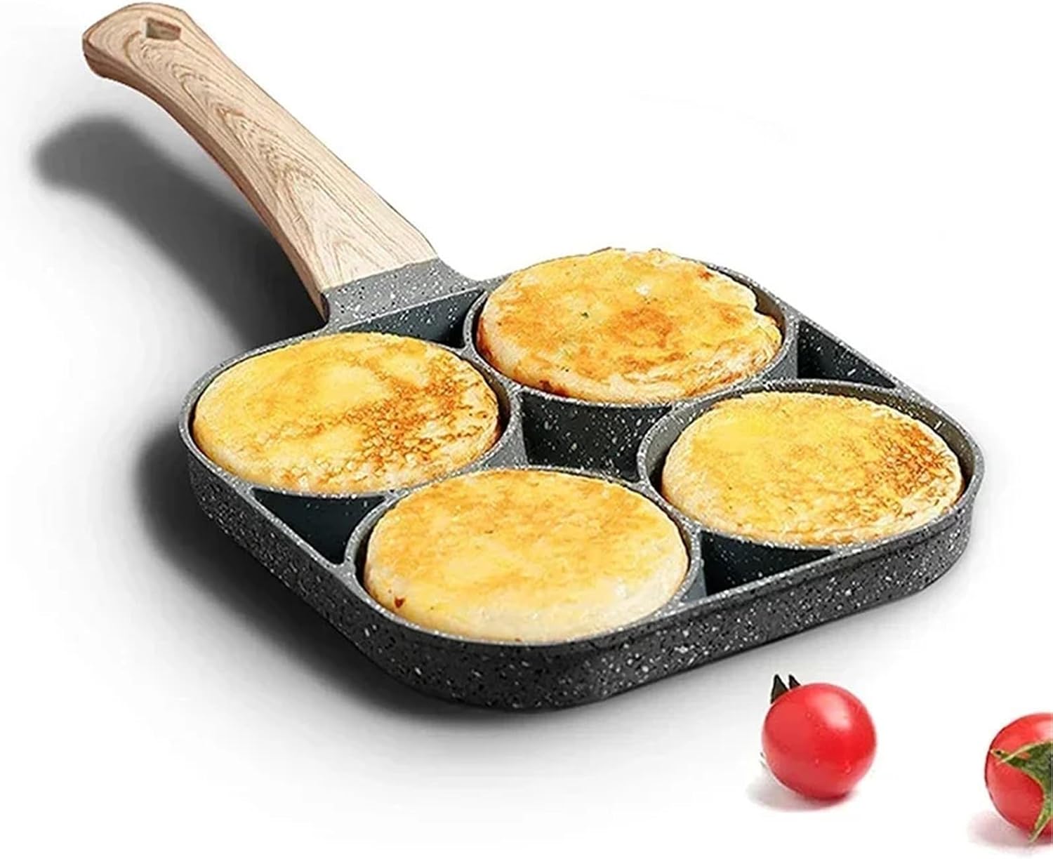 Four-hole Omelet Pan, Thickened Black Non-stick Egg Steak Ham Pancake Pan with Wooden Handle, Breakfast Maker