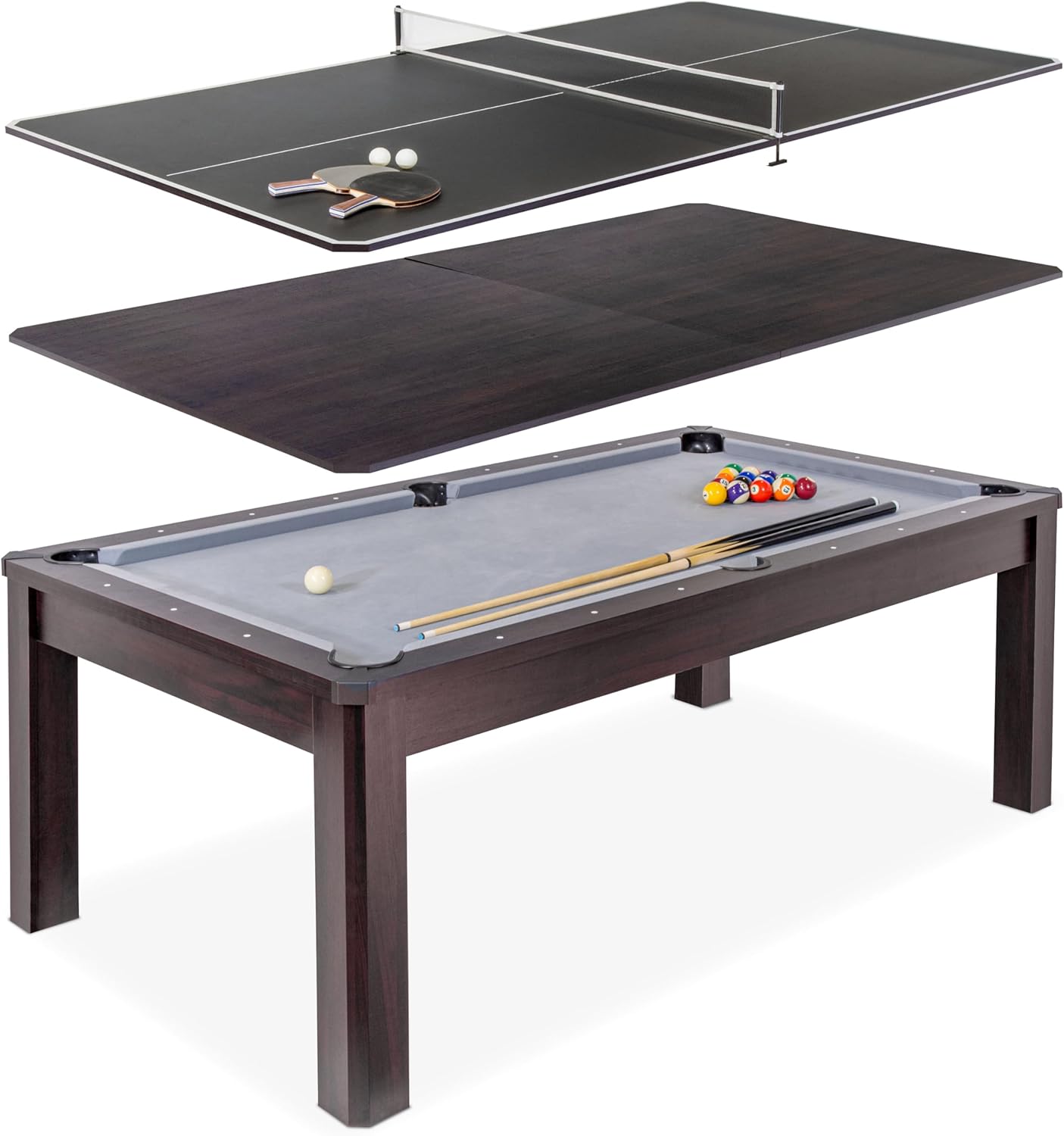 GoSports 3 in 1 Pool, Dining, & Table Tennis Combo Table and Storage Benches - 7 ft or 8 ft - Convertible Billiards and Table Tennis with Accessories