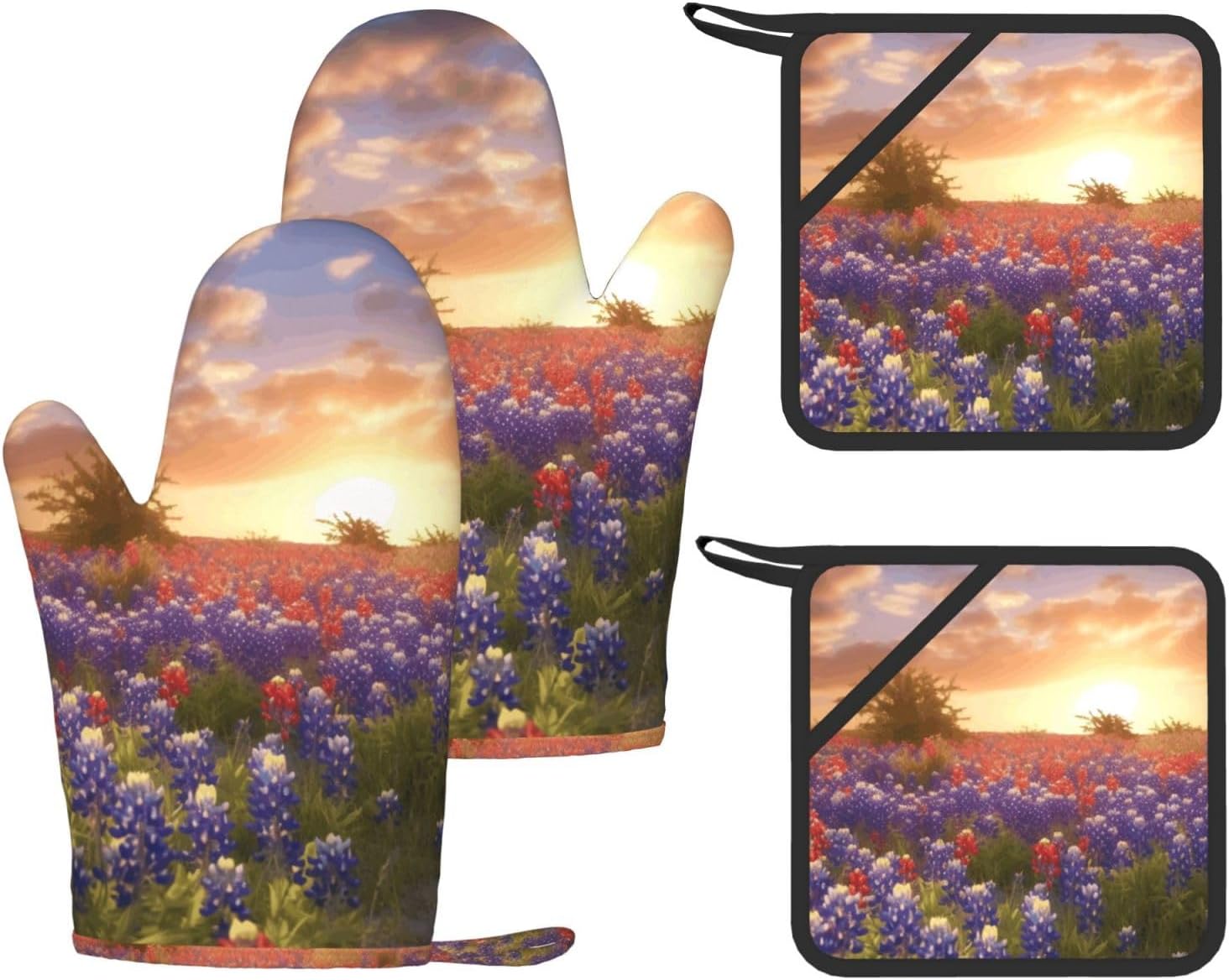 Texas Bluebonnets Scenery 4pcs Oven Mitts and Pot Holders Sets for Kitchen, Silicone Oven Gloves Non-Slip Potholders Hot Pads for Baking Cooking