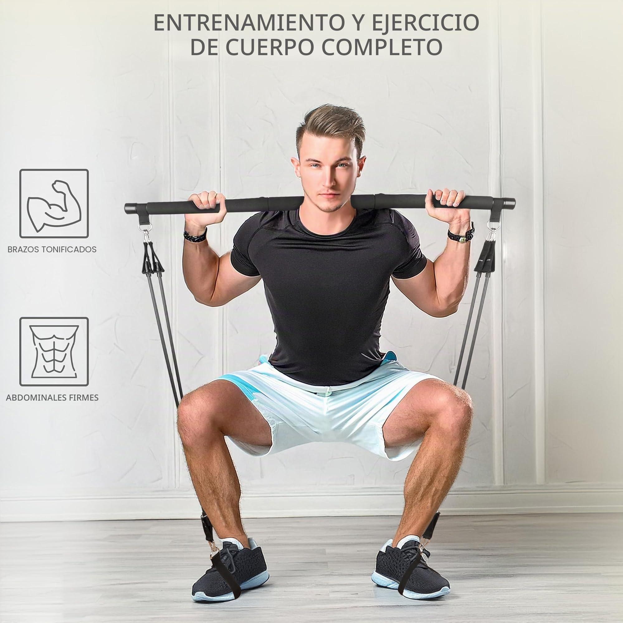 Belle Vous Kit de Entrenamiento en Casa - 1x Barra de Pilates Desmontable y 4X Bandas Elasticas de Musculacion con 2X Agarres y 1x Bolsa - Barras Ligas Cintas de Ejercicio