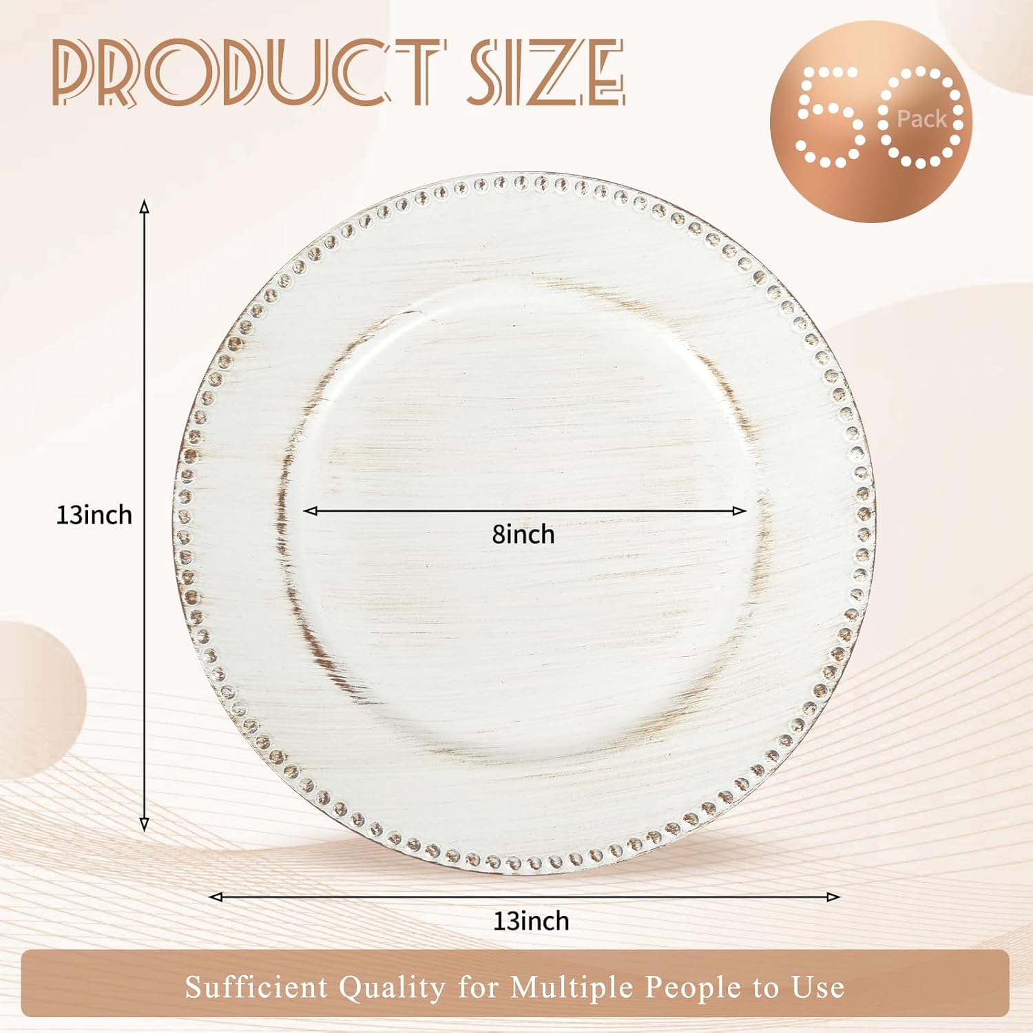 50 Pack Vintage White Charger Plates 13" Plastic Round Charger Plates Dinner Plate With Beaded for Spring Easter Wedding Table Dinner Kitchen Catering Event Party Decoration