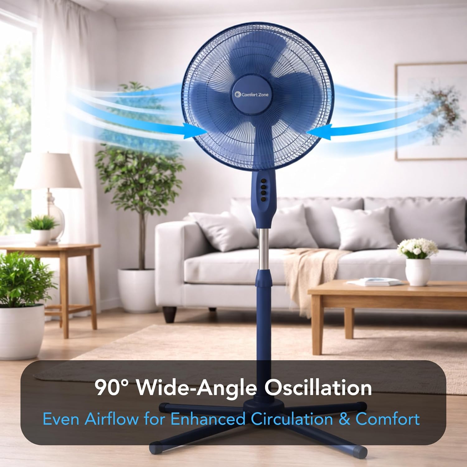 Comfort Zone 16-Inch Oscillating Pedestal Fan – 3-Speed High-Velocity Cooling, Adjustable Height & Tilt, Quad-Pod Folding Base, Blue – ETL Listed