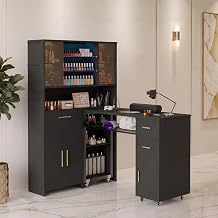 Manicure Table with LED Display Cabinet, Mobile Nail Tech Desk Built-in Dust Collector, Nail Station with Double Tabletop, 3 Adjustable Shelves, Open Storage, Drawers & Cabinets, Black