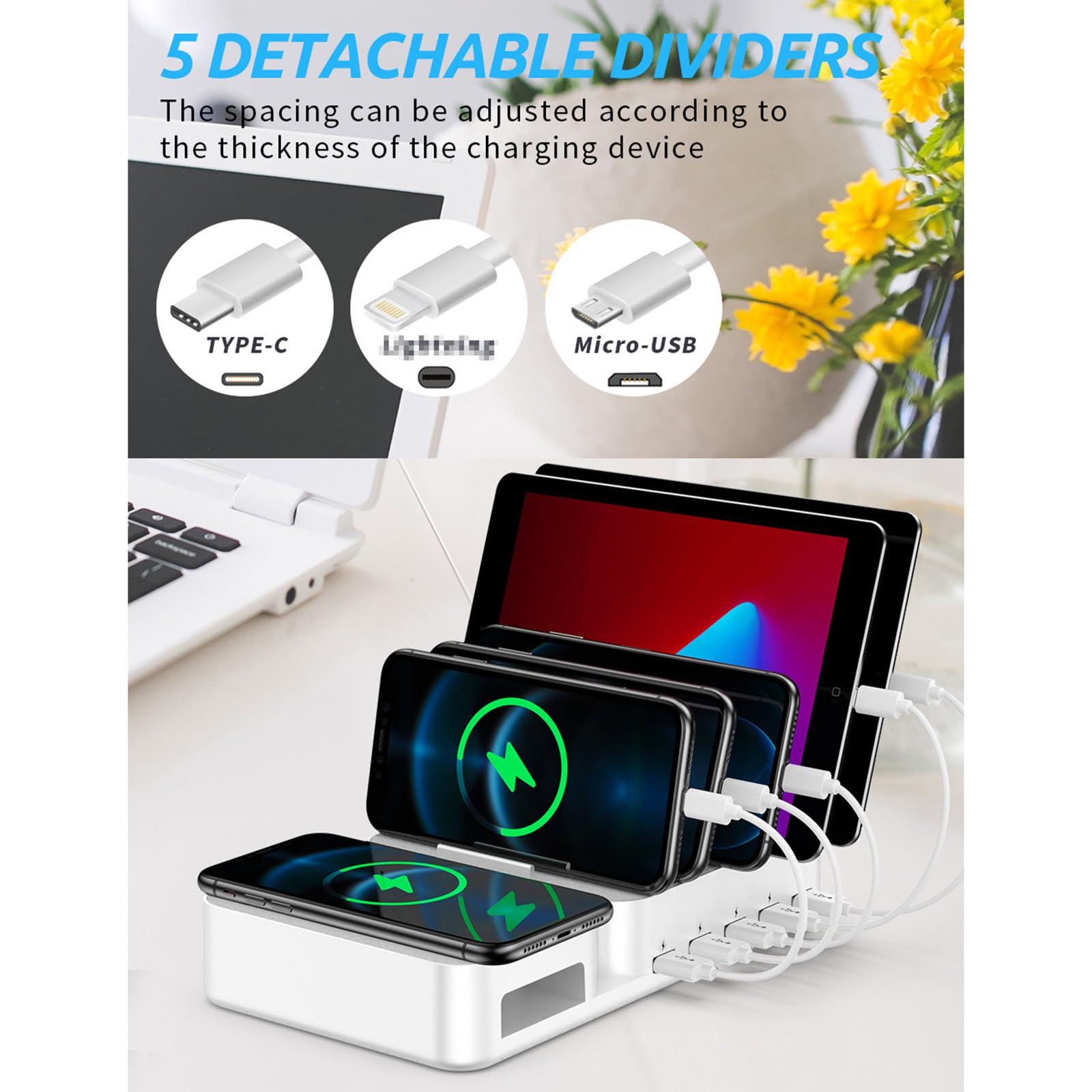 Cargador USB multipuerto, 60 W, 5 puertos + soporte de carga inalámbrico, con 5 soportes, adecuado para sistemas iOS y Android,Pink