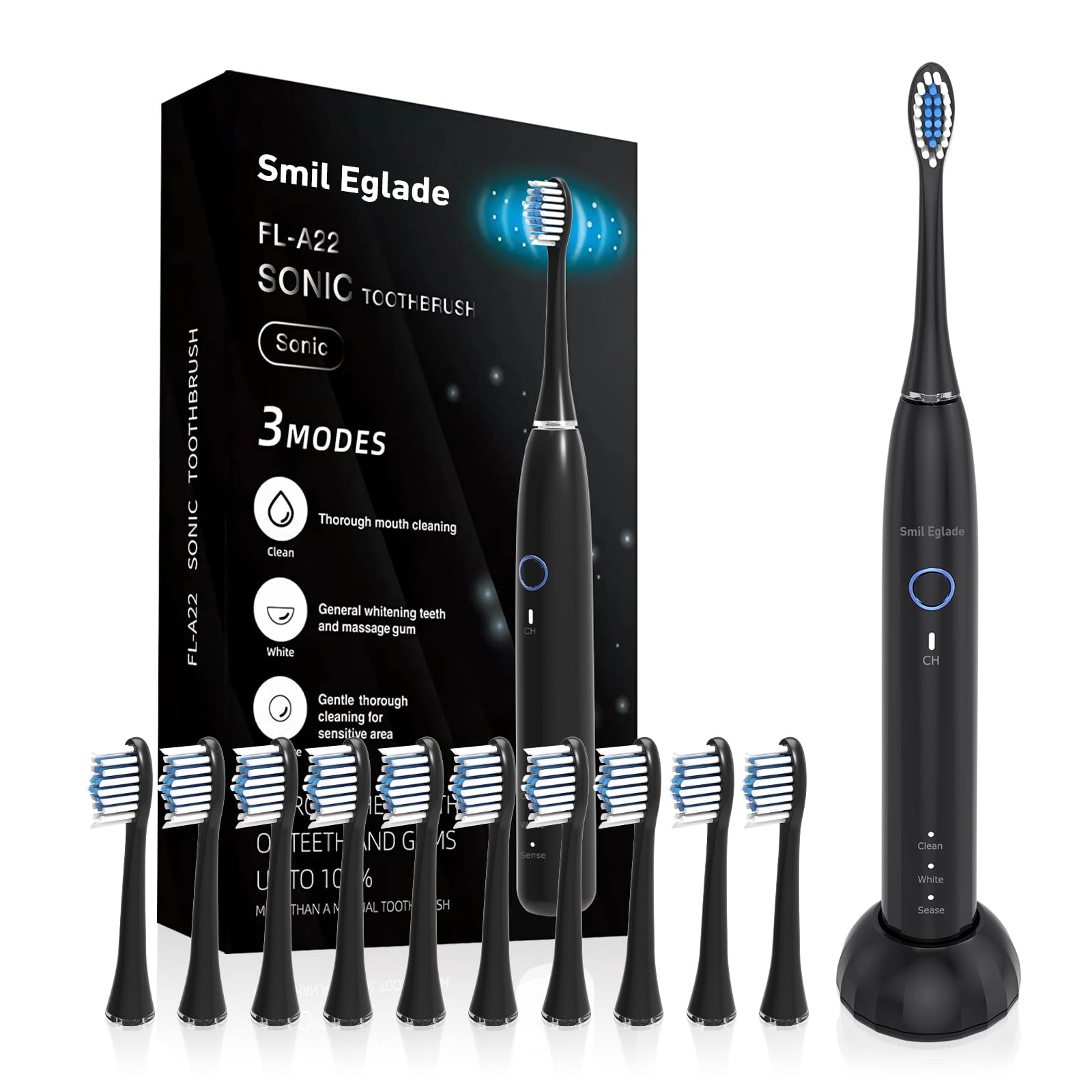 NBGRLVS Spazzolino elettrico ricaricabile Sonic per adulti con 4 testine, 3 modalità, timer intelligente da 2 minuti e ricarica rapida di 6 ore, perfetto per viaggi e facile cura dentale (nero)