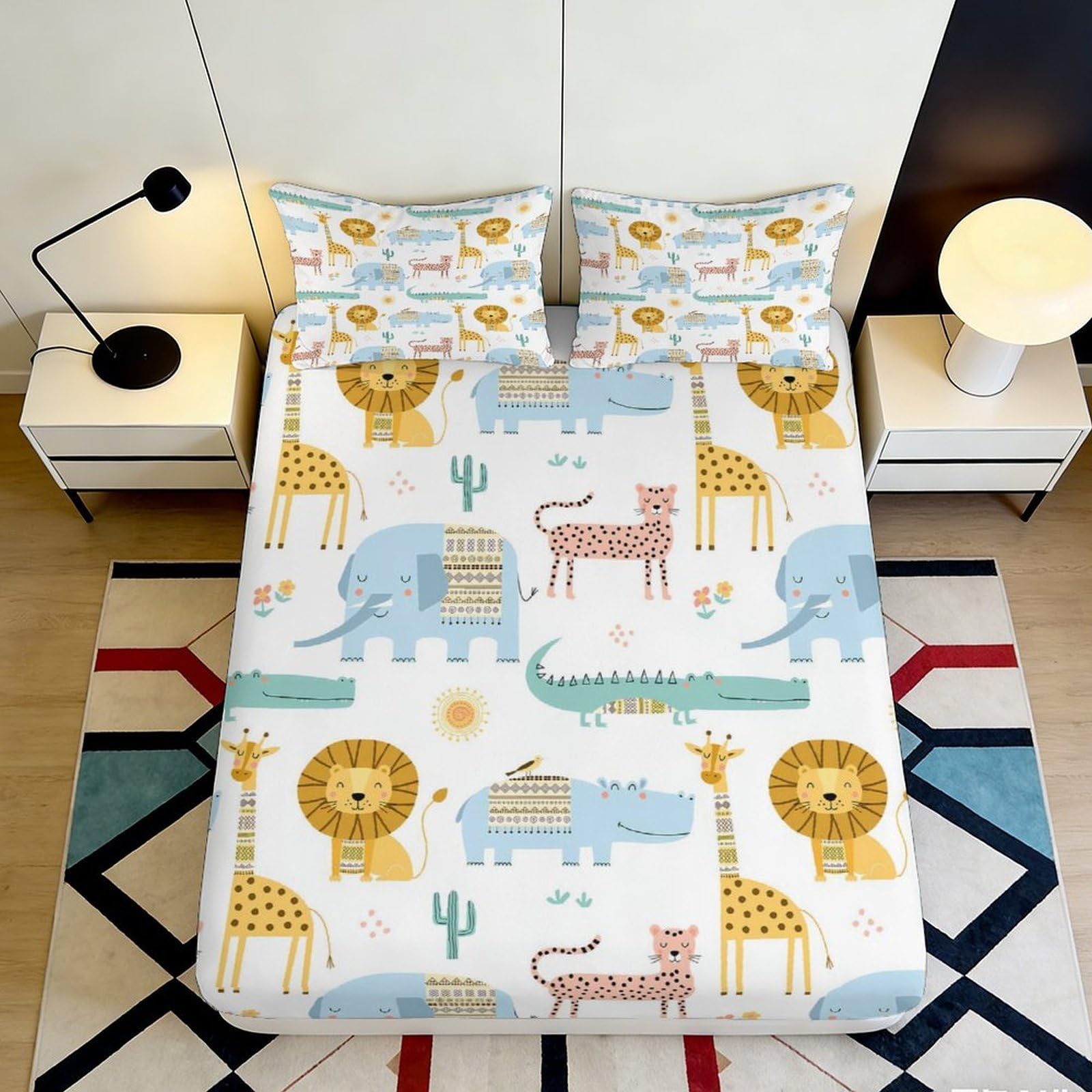 3D Printed Safari Animals Fitted Sheet Microfiber Soft Breathable Jungle Wildlife Mattress Cover for Bedroom Guestroom Home Decor 90x200x25cm