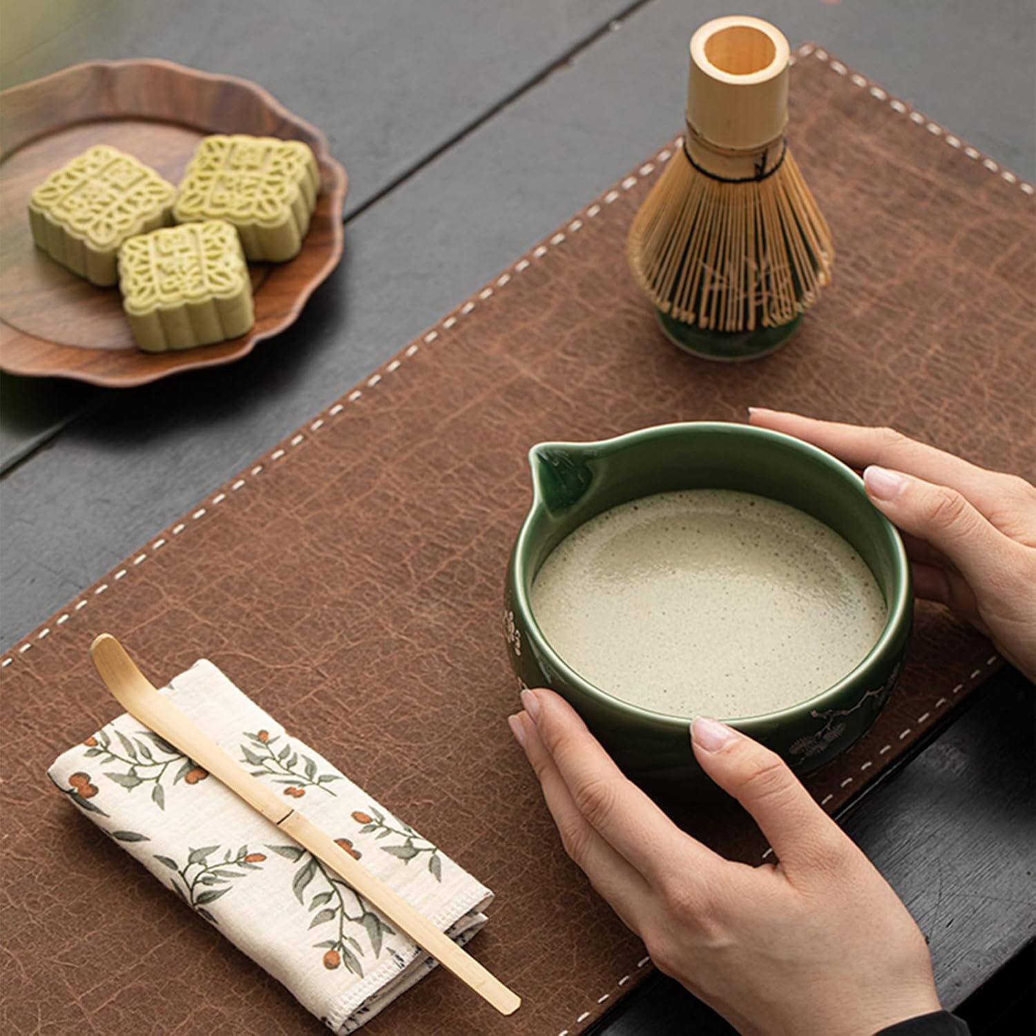 Matcha Whisk Set,8 Pcs Ceramic Matcha Set for Ceremony,Matcha Whisk kit with Bowl,Bamboo Whisk and Holder,Scoop,Sifter,Gift for Matcha Lovers Family and Friend Green - Image 6