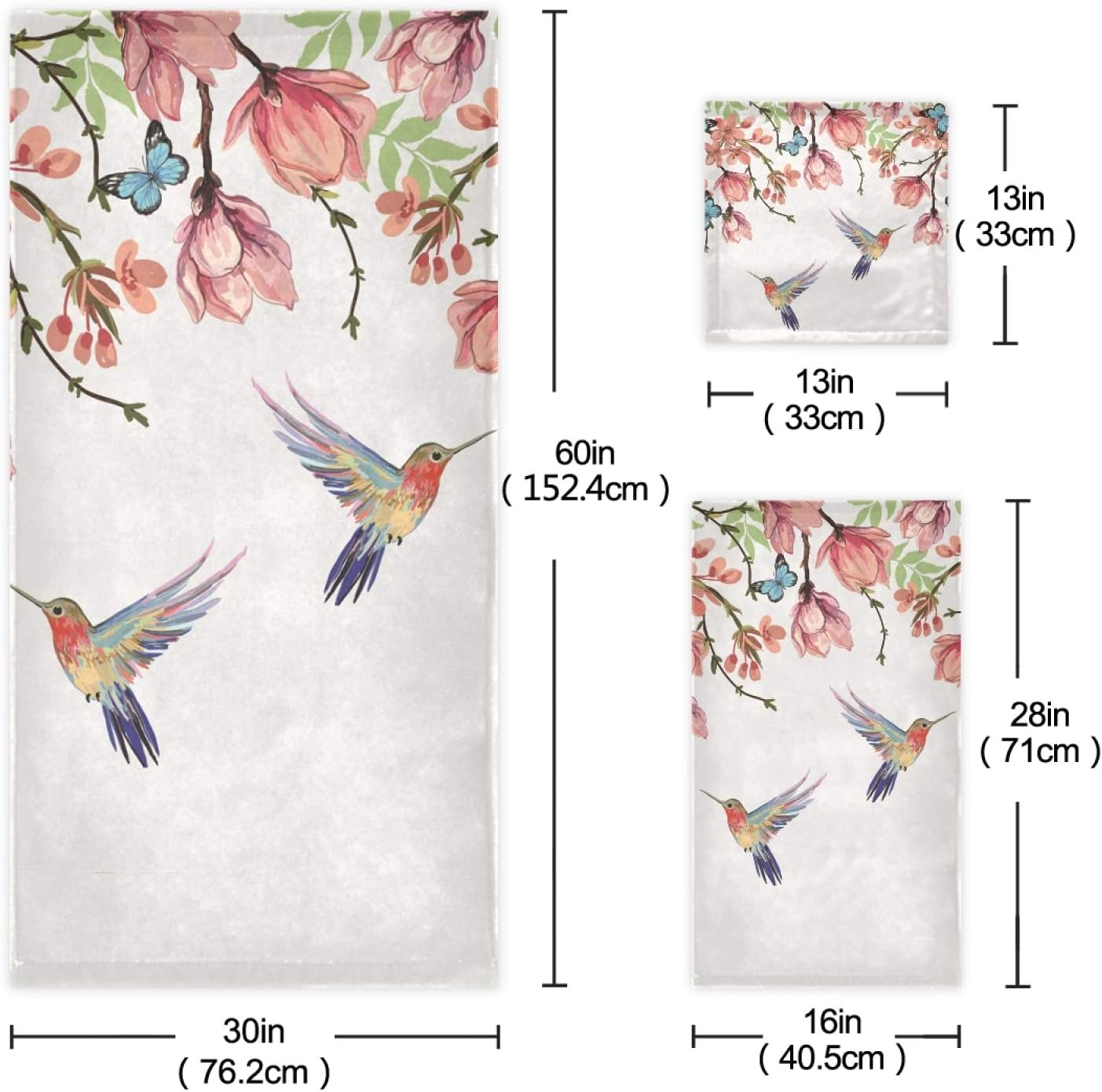 OTVEE Spring Bath Towel Set Hummingbirds Magnolia Butterfly Printed Hand Towels Set High Absorbent Fast Drying 1 Bath Towel 1 Soft Hand Towel 1 Thick Washcloth Decor Towel Set for Hotel Spa Gym