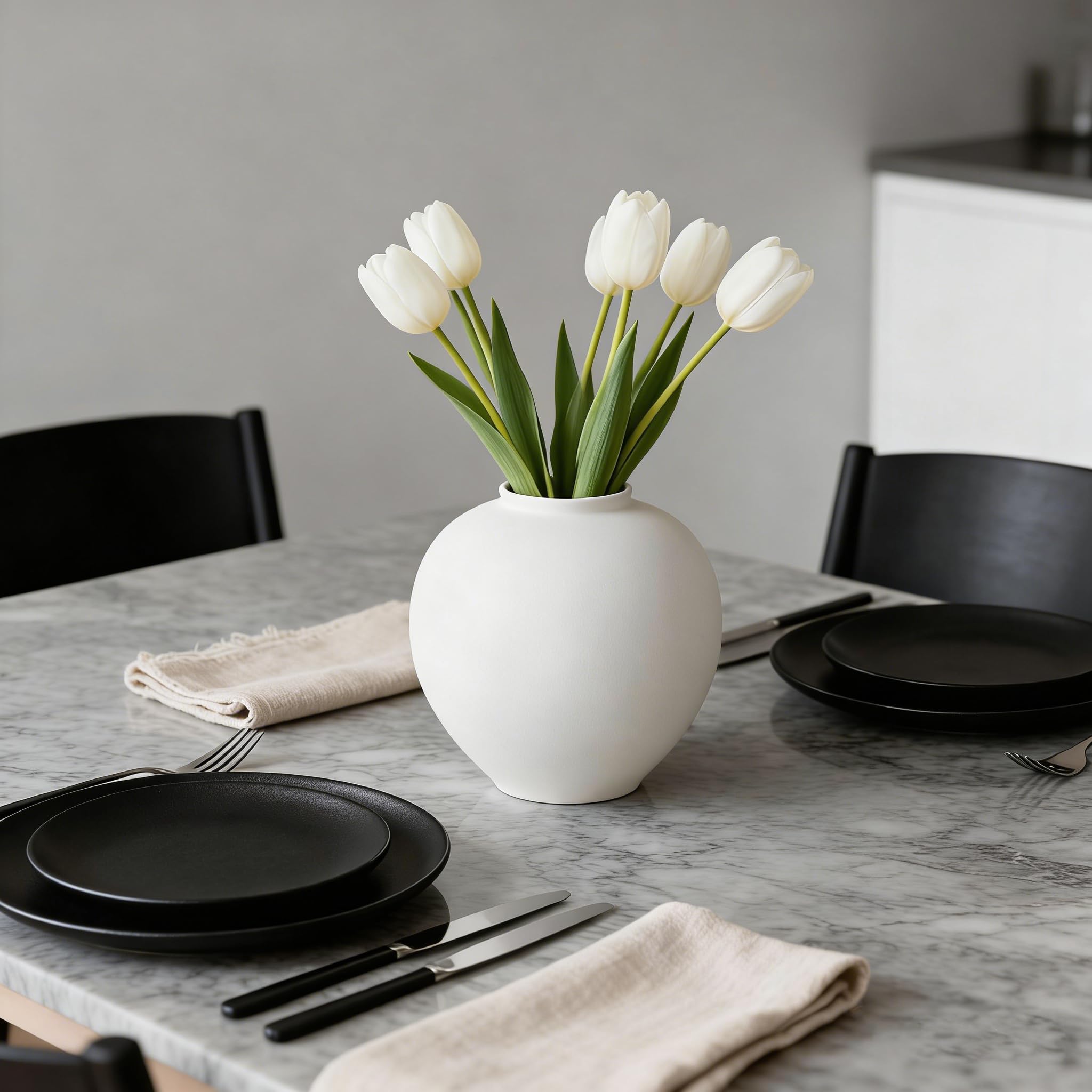 PEUZ Große weiße Keramikvase Einfache Moderne Kugelförmige Blumenvase aus Keramik Höhe 24 cm Dekorative Vase für Wohnzimmer, Schlafzimmer & Büro