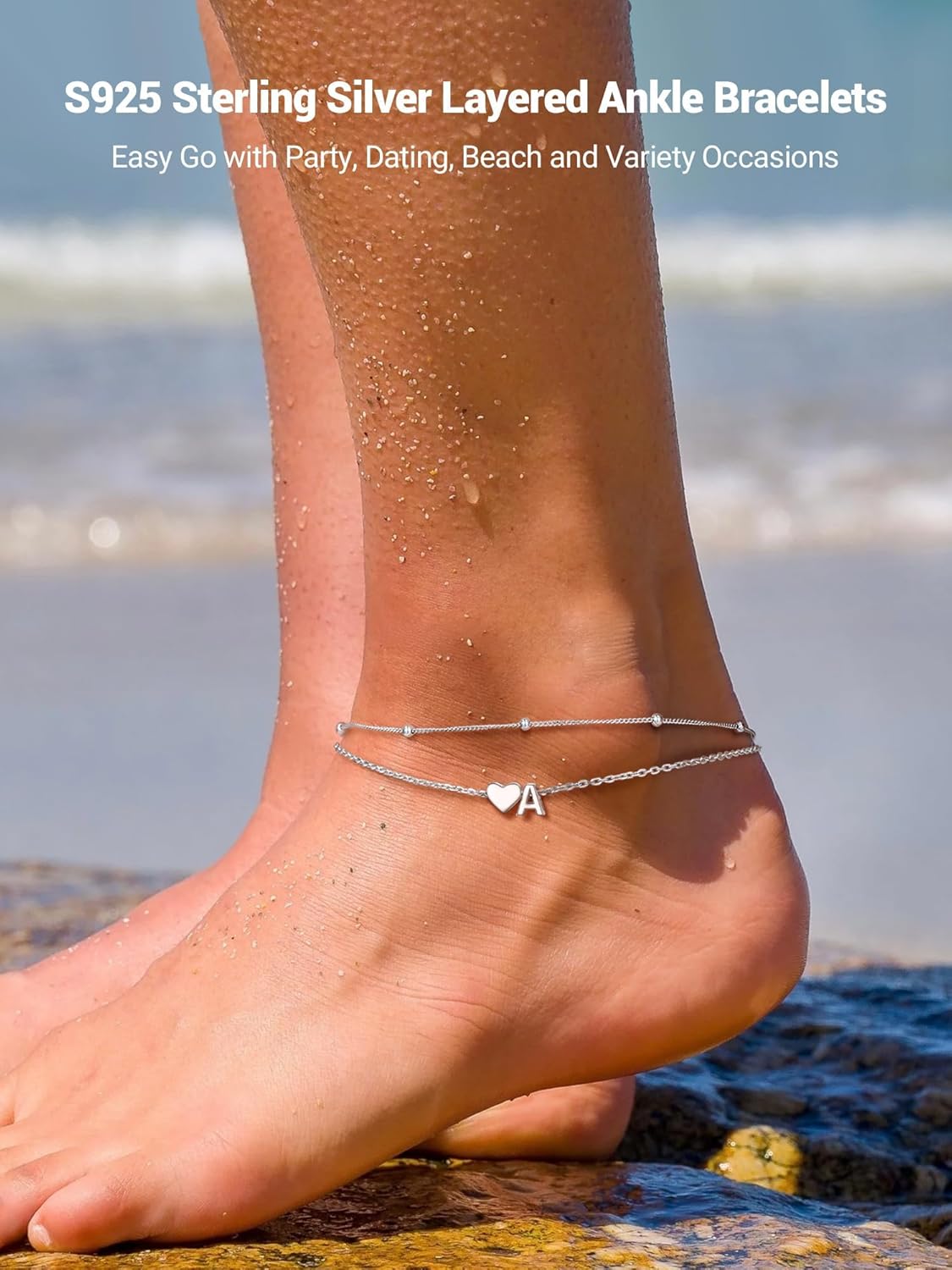PROSILVER Ankle Bracelets for Women S925 Sterling Silver Anklets for Women Waterproof, Dainty Layered Heart Anklet, Beach Initial Anklet for Summer, Letter A-Z - Image 2