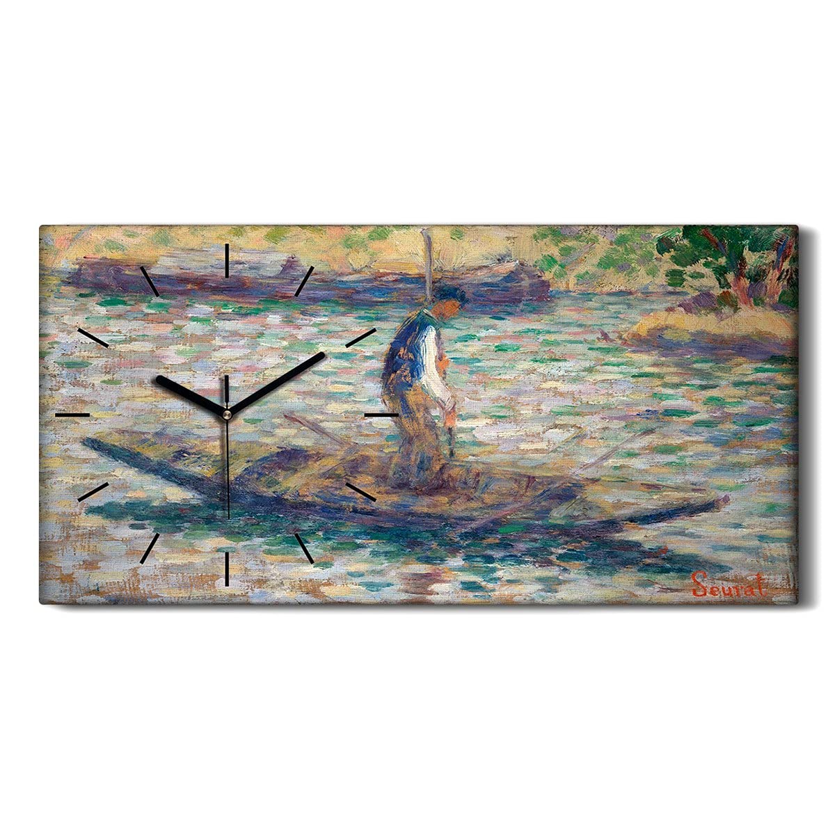 Horloge sur toile de 60x30cm avec mains noires et motif de pêcheur
