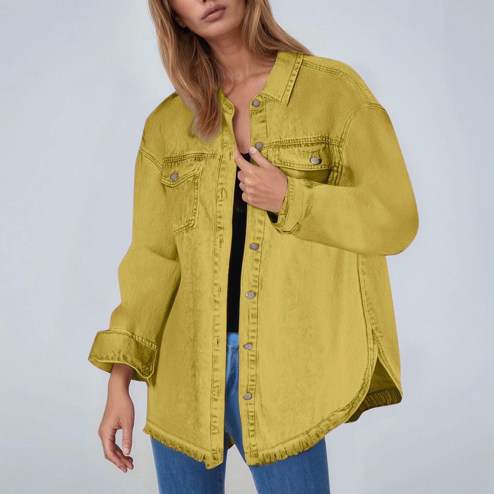 Generisch Moda da donna in denim, a maniche lunghe, con bottoni, colore puro, lunghezza media, stile europeo
