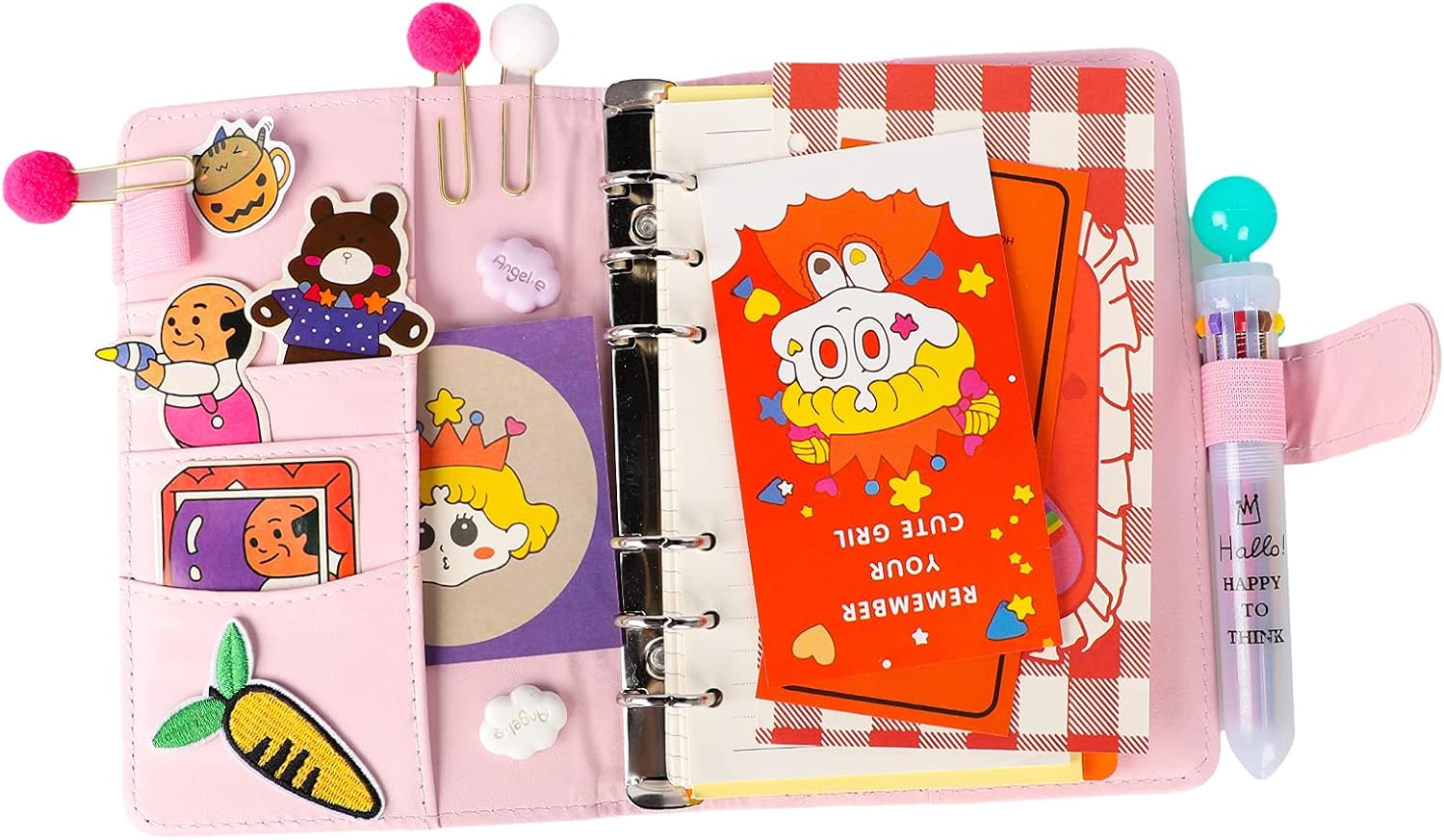 A6 手帳 ノート 子供向け メモ帳 日記帳 バインダー 18点セット Puレザー 多機能 萌え萌え ルーズリーフ 6穴リング 付箋付き 装飾品 10色ボールペン ステッカー かわいい 持ち運びやすい プレゼント 文房具 進学 誕生日 学生 クリスマス 贈りもの 入学 入園祝い Diyシール