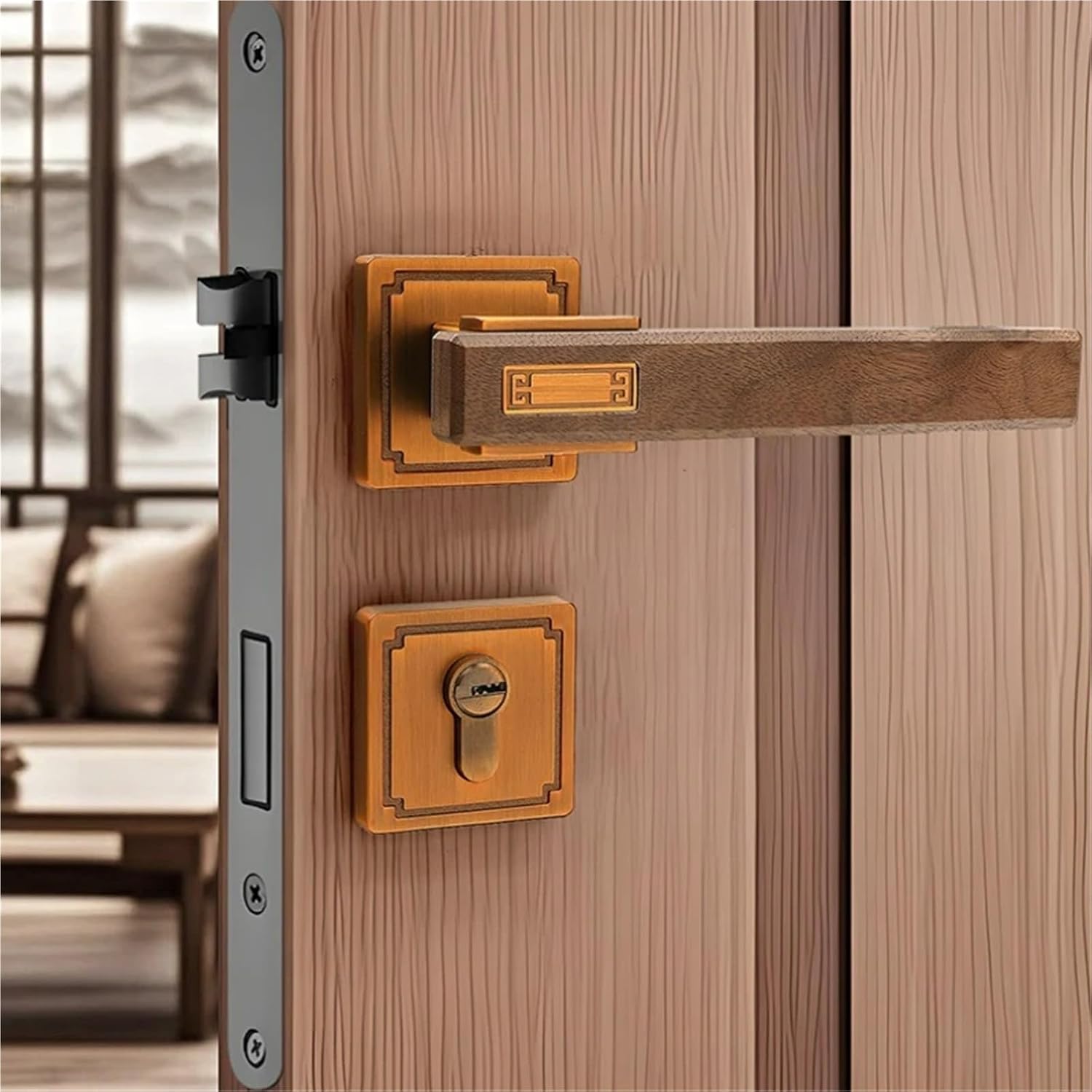 Indoor Door Lock Magnetic/Silent Split Walnut Wood Handle 1Pcs(Yellow Mute)