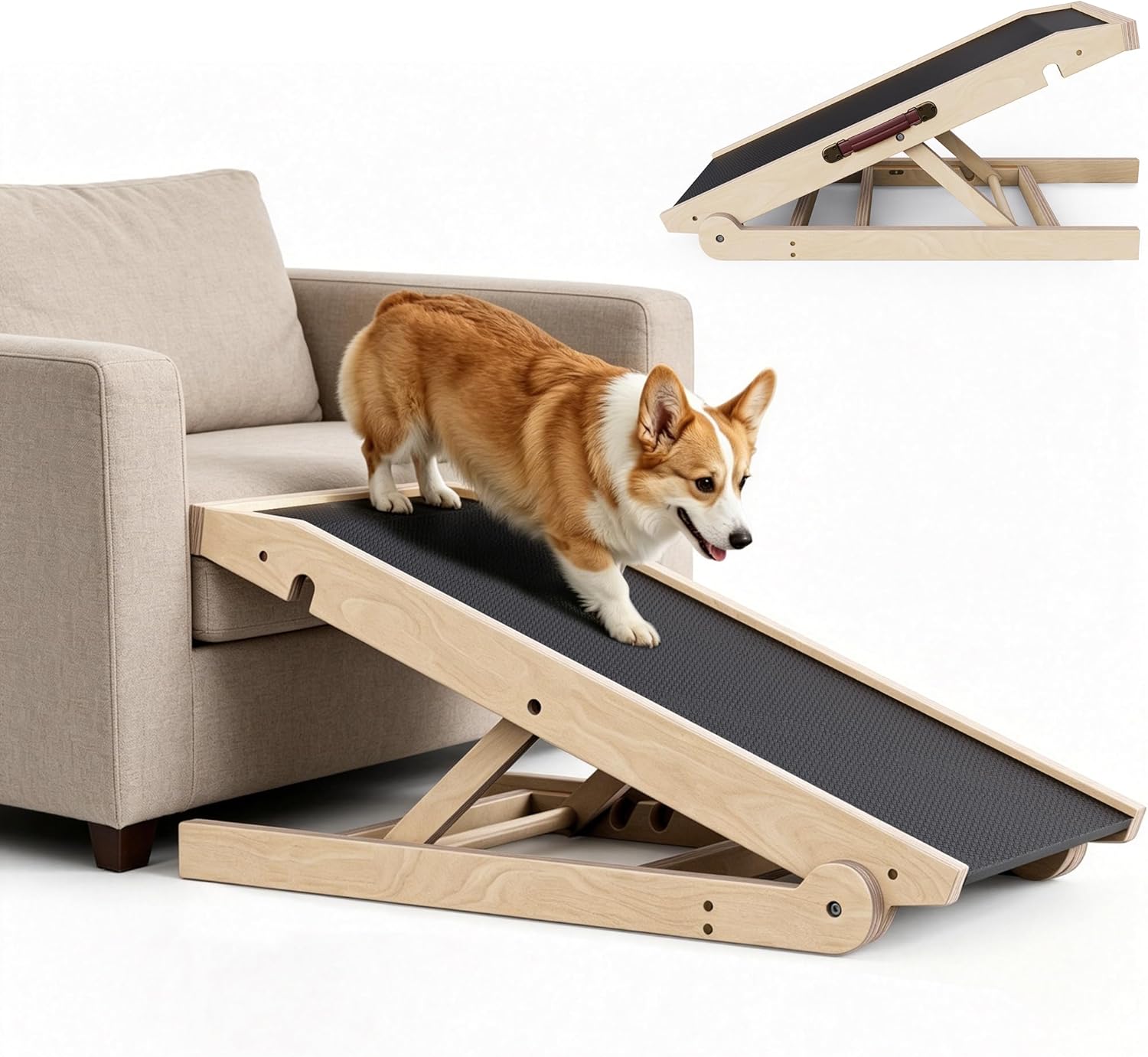 40″ Dog Ramp for Couch & Low Bed – Extra Wide 16” Non-Slip Walking Surface, Load 200 lbs, Adjustable Pet Ramp with 4″ Top Platform for Small Senior Dogs Dachshund Corgi – Dog Stairs Alternative