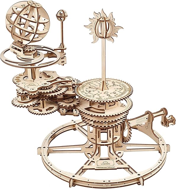 UGEARS Mechanical Tellurion 3D Puzzles - Earth and Moon Jigsaw 3D Wooden Puzzles for Adults and Kids - Model Kits for Adults to Build - Educational Solar System Model Kit - DIY Rotating Planetarium