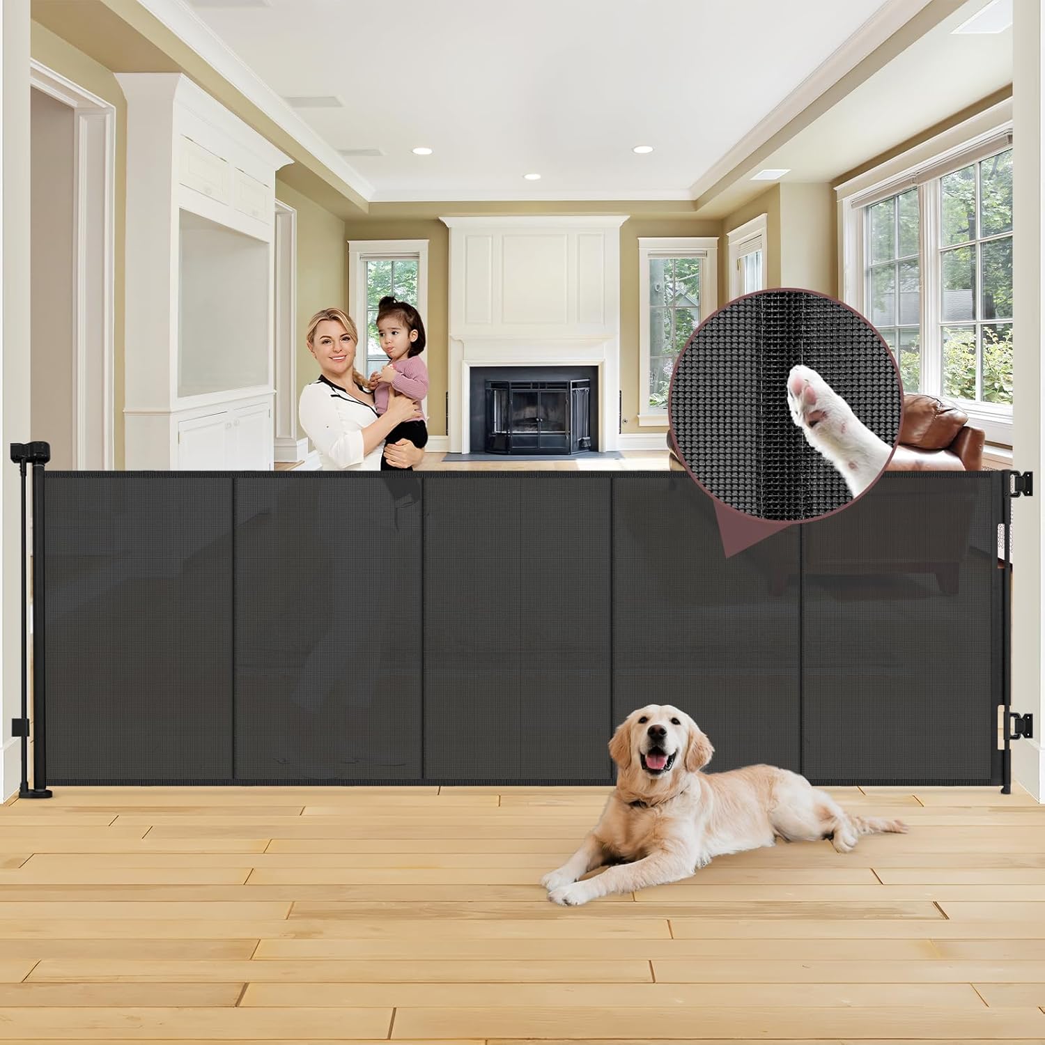 Reinforced 41" Extra Tall Retractable Baby Gates Extra Wide 100" Retractable Dog Gate with Support Rods, Indoor Extra Long Baby Gates for Large Openings Outdoor Retractable Gate Tall Dog Gate, Black Black (41" Tall x 100" Wide)