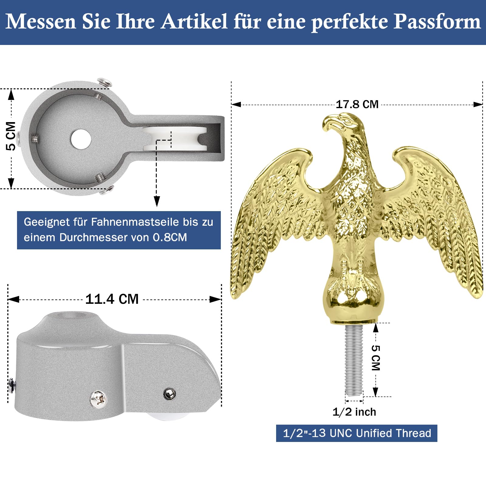 NQ Fahnenmast Zubehör Set mit Adler,Fahnenmast Reparaturset,Fahnenmast-Reparaturteile inkl.Adler,Seil,Karabiner, Klampe,Topper aus Aluminium mit Seilrolle(Gold)