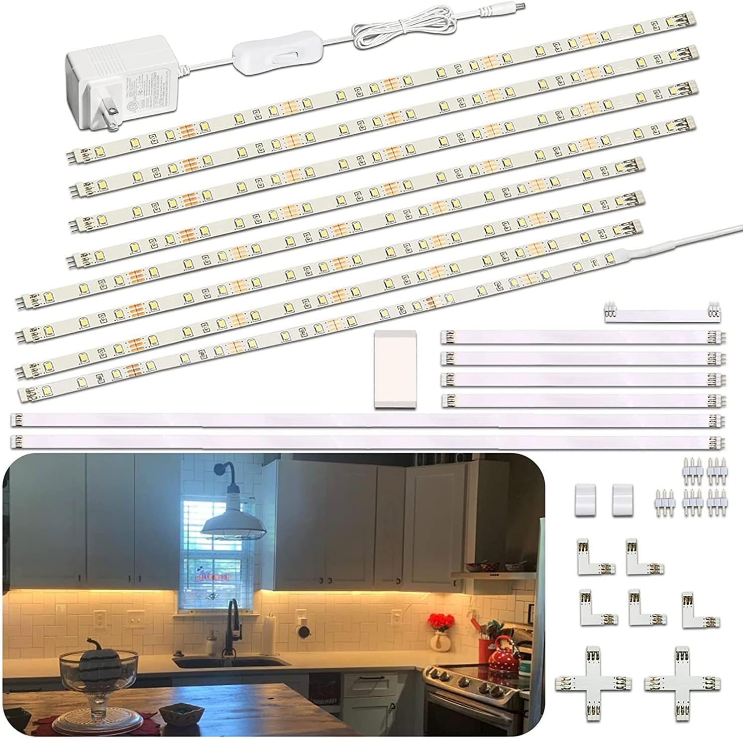WOBANE Under Cabinet Lighting Kit,8PCS 12 inch Led Light Bars,Under Counter Lights for Kitchen,Cupboard,Desk,Bookcase,Shelf,Showcase Display,DIY Tape Light,Variety Connectors,1200lm,2700K WarmWhite