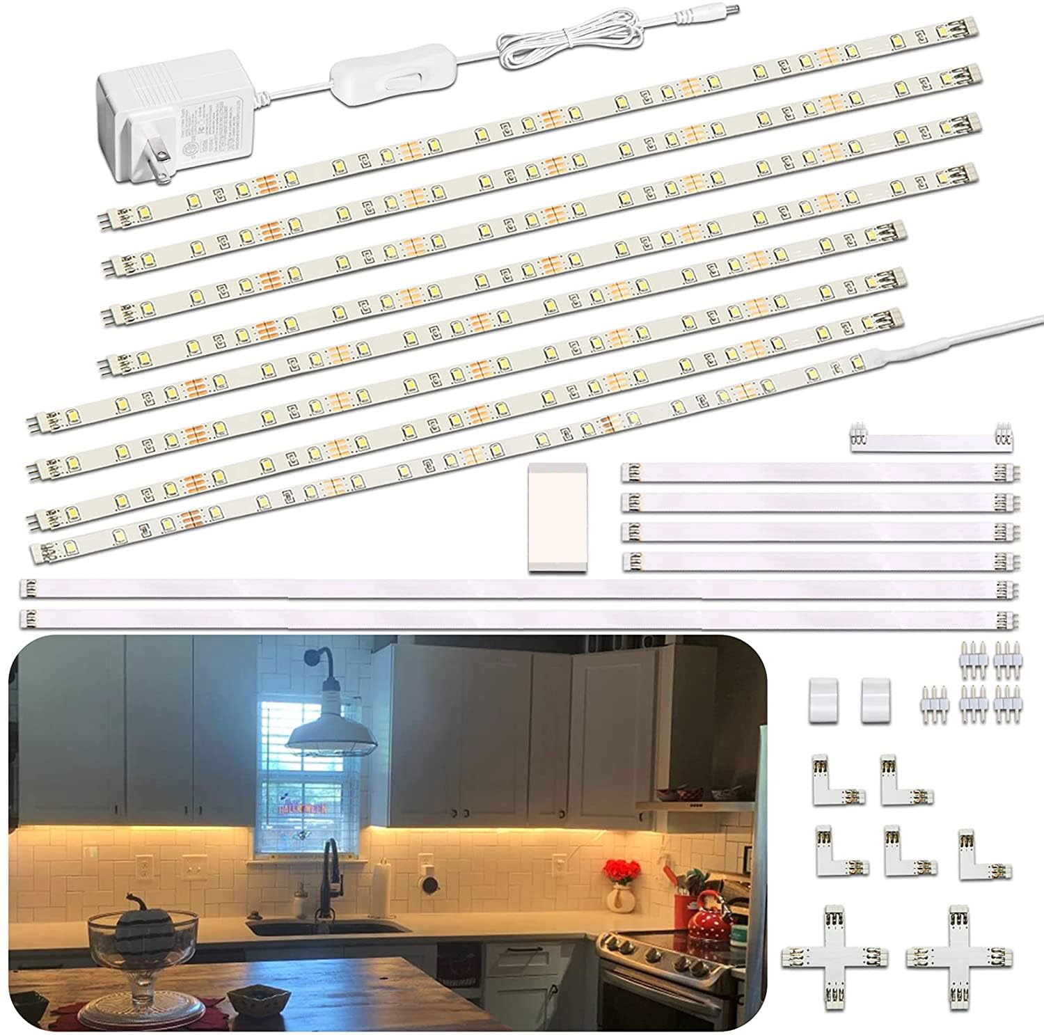 WOBANE Under Cabinet Lighting Kit,8PCS 12 inch Led Light Bars,Under Counter Lights for Kitchen,Cupboard,Desk,Bookcase,Shelf,Showcase Display,DIY Tape Light,Variety Connectors,1200lm,2700K WarmWhite