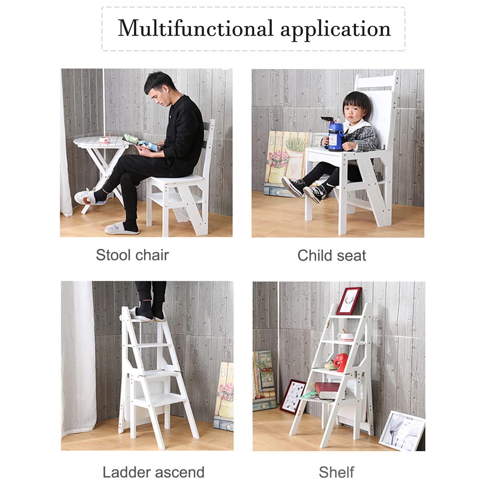 Escalera Plegable Multiusos para Taburete, Silla De Madera Blanca De 4 Escalones para El Hogar, La Cocina, La Biblioteca, Diseño Plegable Que Ahorra Espacio