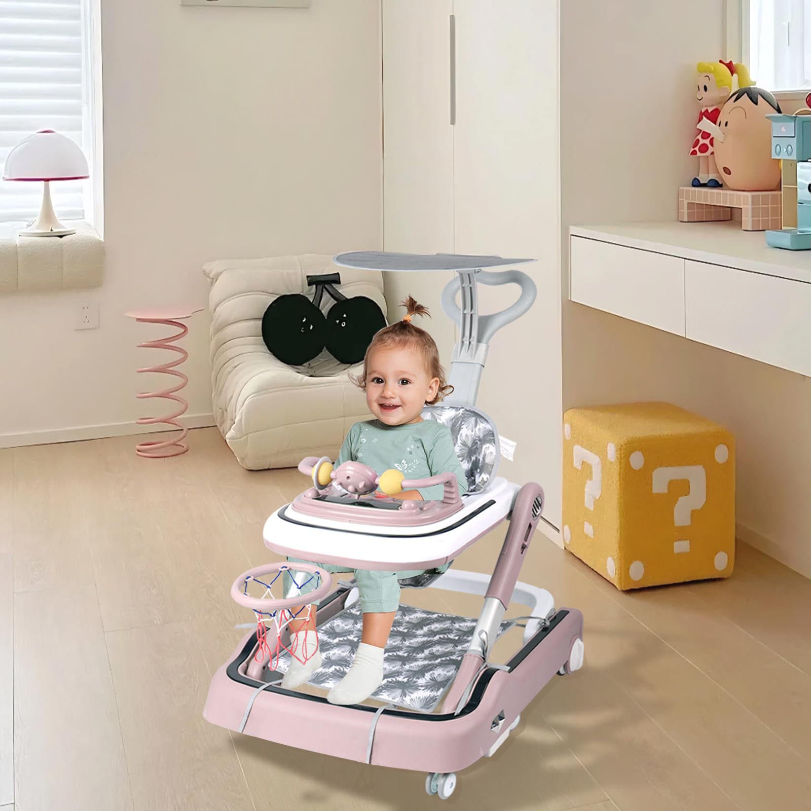 Andador plegable para bebé, andador con parasol, apto para 6-36 meses, altura ajustable, modo de música, modo de entretenimiento (65 x 57 x 80 cm), color rosa