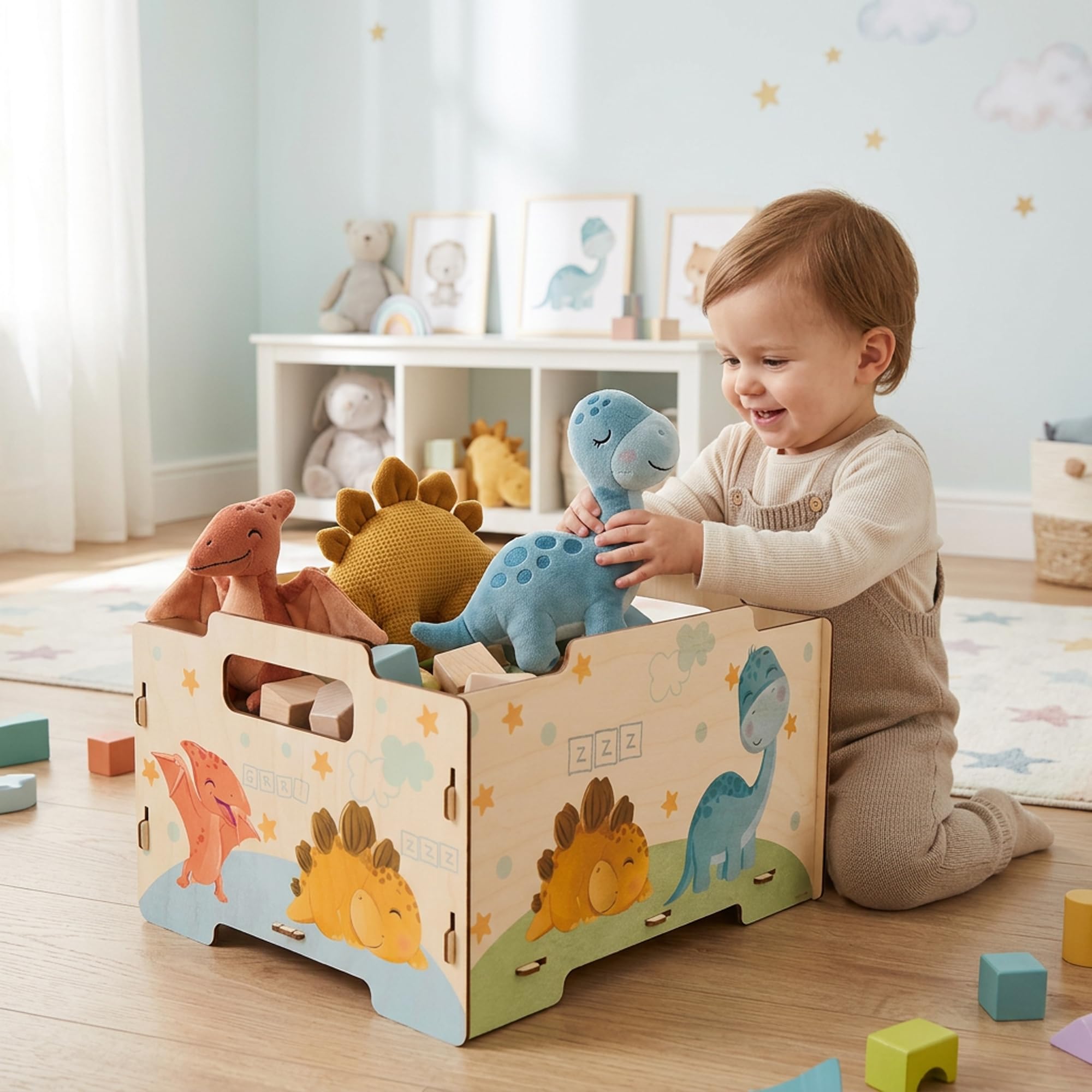 DALBER Caja Almacenaje Madera Infantil, Pack 2 Cajas Organizadoras Juguetes, Apilables con Asas y Reversibles, Almacenamiento Habitación Niños, Baby Dinos, Dinosaurios, Animales | Apilables con asas. Diseño reversible ideal para guardar juguetes, decorar