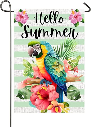 Bandera de jardín de verano con loro de 12 x 18 pulgadas, bandera de doble cara con texto en inglés "Guacamayo Says Hello Summer", bandera de patio