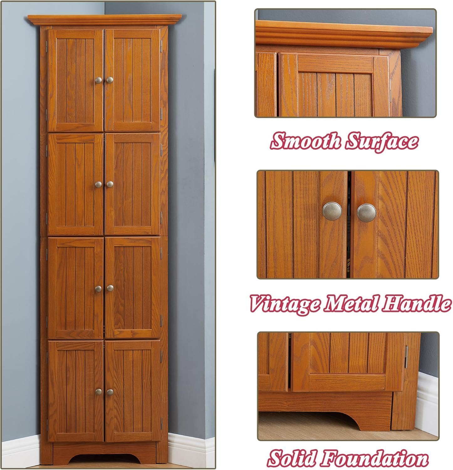 4 Tier Farmhouse Corner Storage Cabinet with 8 Doors & 4 Shelves, 72" H Kitchen Pantry Cabinet Wood Organizer Case Bookshelf, Home Space Saver for Kitchen,Office,Living Room (Oak)
