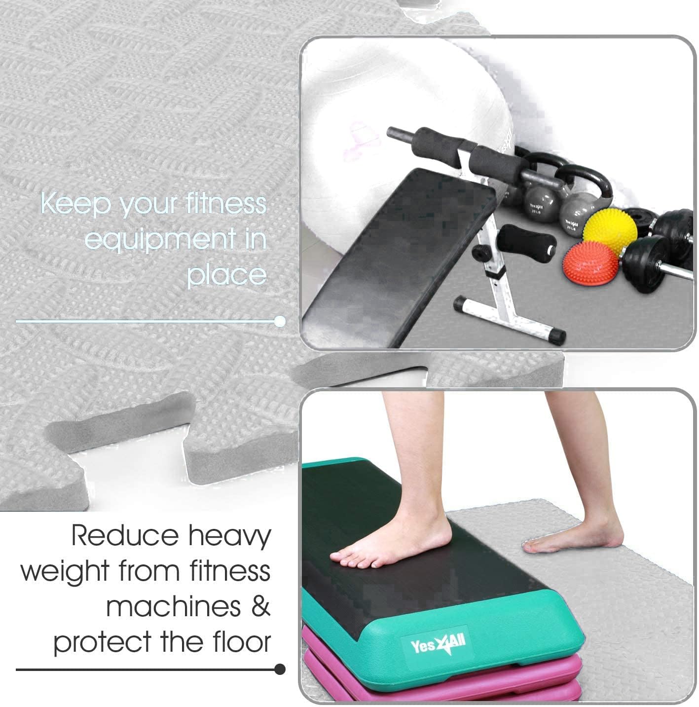 GSQUARE Fitness Puzzle Mat, Gym Floor Mat, Exercise Mat, EVA Foam Interlocking Tiles, Protective Flooring for Gym Equipment and Workouts, 12mm Extra Thick (White, 4pcs - 16 Square Feet) 4
