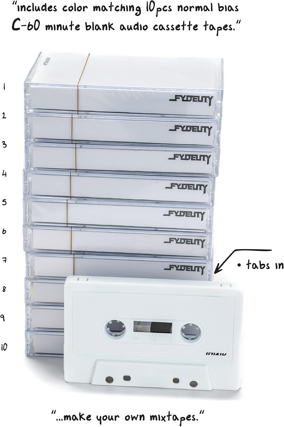 Fydelity 10-Piece Blank Cassette Tape Storage Set – Features 60 Minutes Clear Tape Cassette Storage for Recording Blank Audio - White Chrome Cassette Holder – Idea for Music Lovers Collectors
