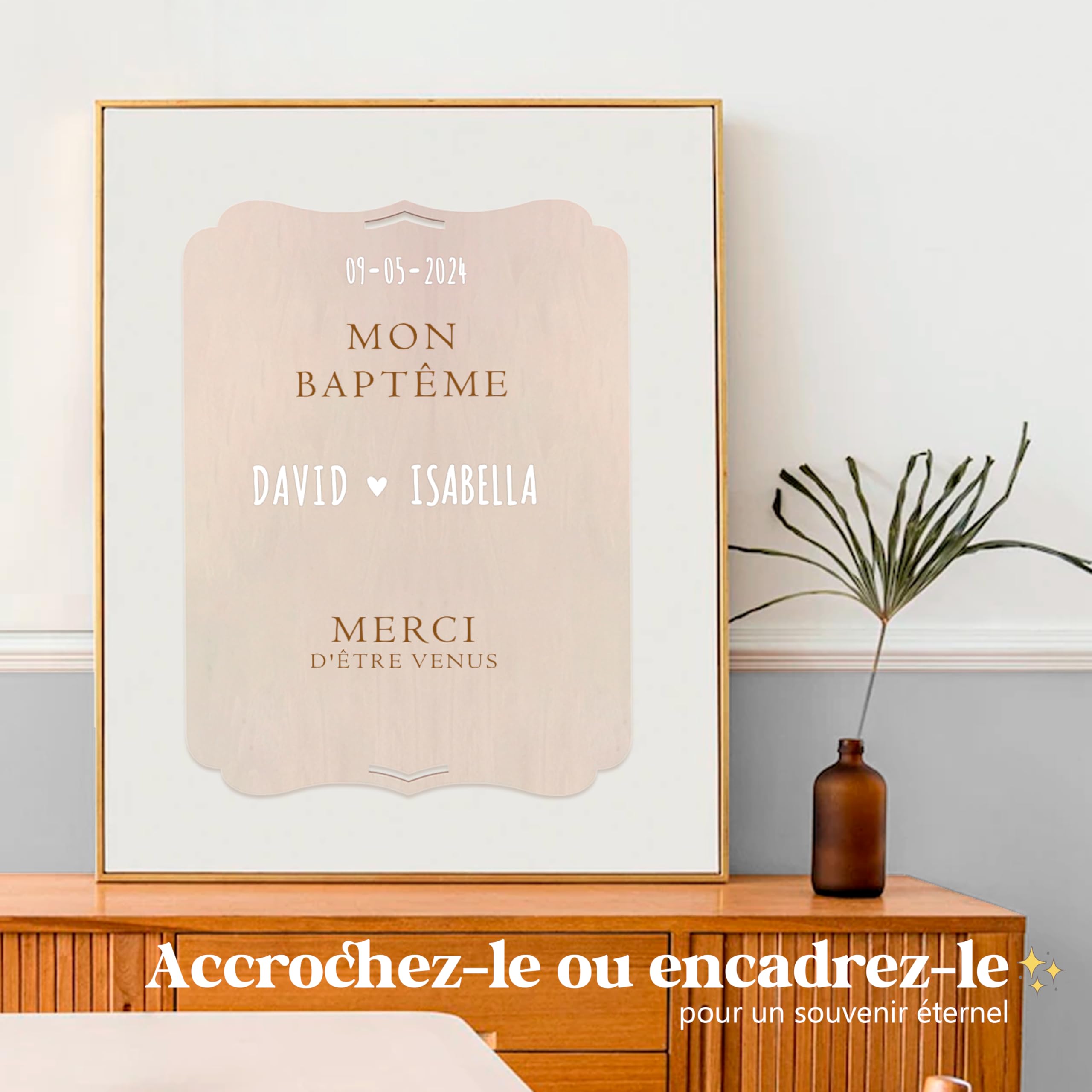 nagu® Baptême Décoration | Panneau Personnalisé en Bois 30x22 cm | Poster Baptême Fille ou Garçon avec Lettres Autocollantes | Pancarte avec Support & Trou pour Accrocher