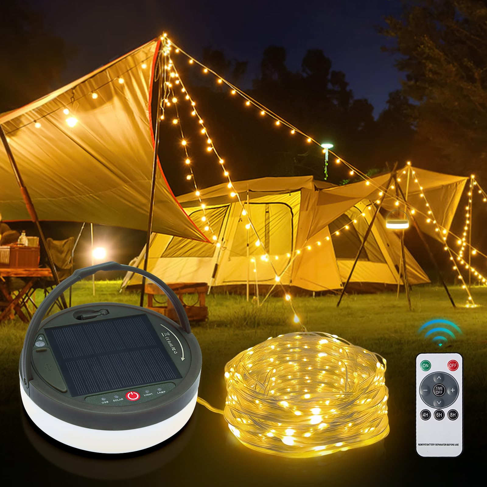 Solar Camping String Lights, 2 in 1 Solar Rechargeable Portable Outdoor LED String Lights with Remote Control, 39.4 Feet Extra,Yard Tent Hanging Waterproof