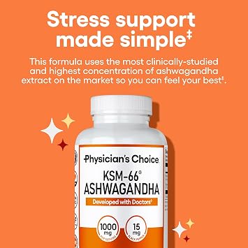Physician's CHOICE KSM-66 Ashwagandha Root Powder Extract 1,000mg - Organic - with Black Pepper for Maximum Absorption - 5% Withanolides - Stress, Mood & Athletic Support - 60 Vegan Capsules