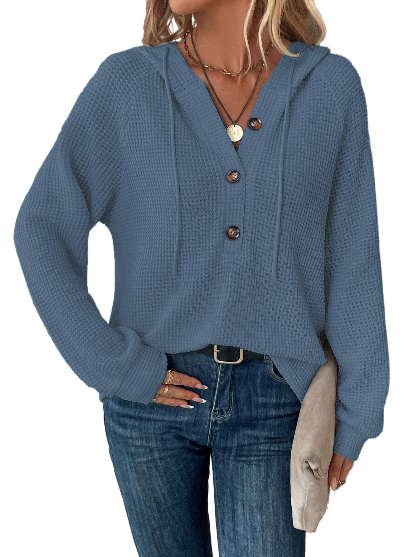 Tanmolo Hoodie Damen Kapuzenpullover Knopfleiste Leichter Pullover Langarm Sweatshirt Tops für Herbst