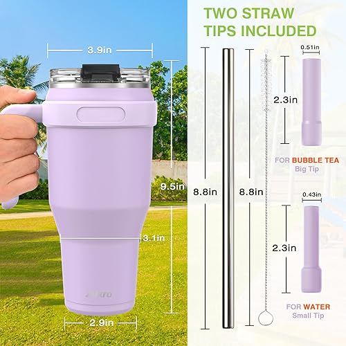 Miniatura 6 de Vaso de 40 onzas con asa y popote ancho, vaso aislado de acero inoxidable de doble pared con tapa 2 en 1, 100% a prueba de fugas, mantiene las