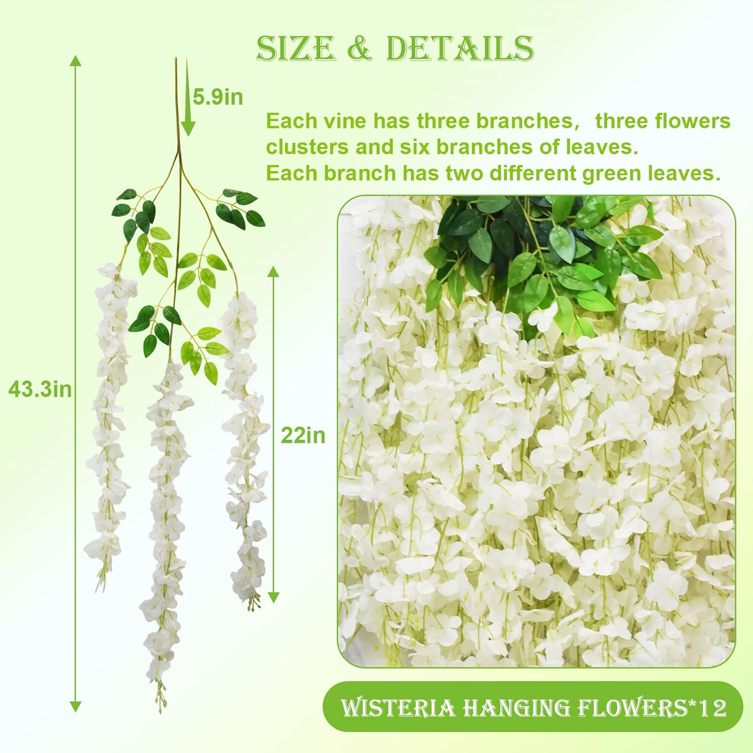 12 PCS Wisteria Hanging Flowers, 3.6ft Fake Wisteria Vines Artificial Wisteria Garland Silk Flower String for Wedding Arch Garden Party Home Ceiling Wall Backdrop Tent Decoration (White)