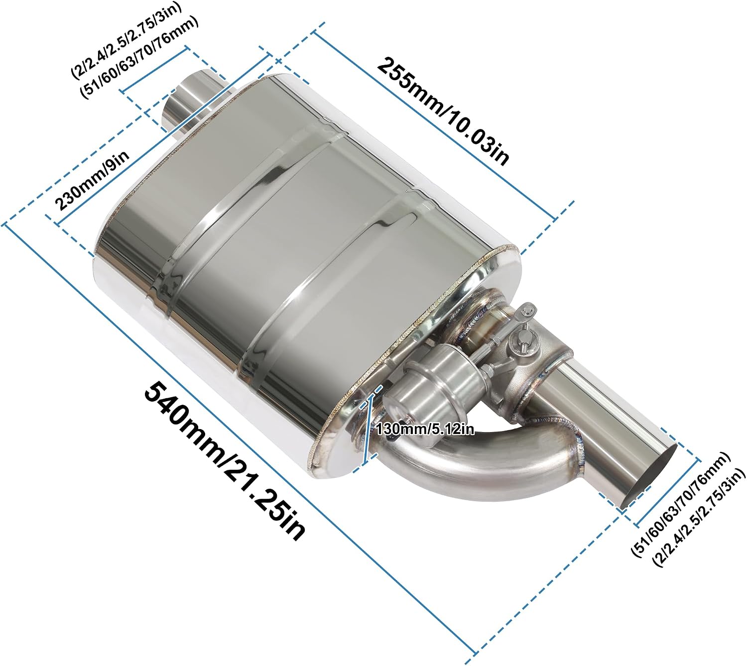Valved Muffler Kit, Perfommance Exhaust Muffler Normally Closed Vacuum Valve Cutout Single Inlet Single Outlet (63mm/2.5in muffler kit)