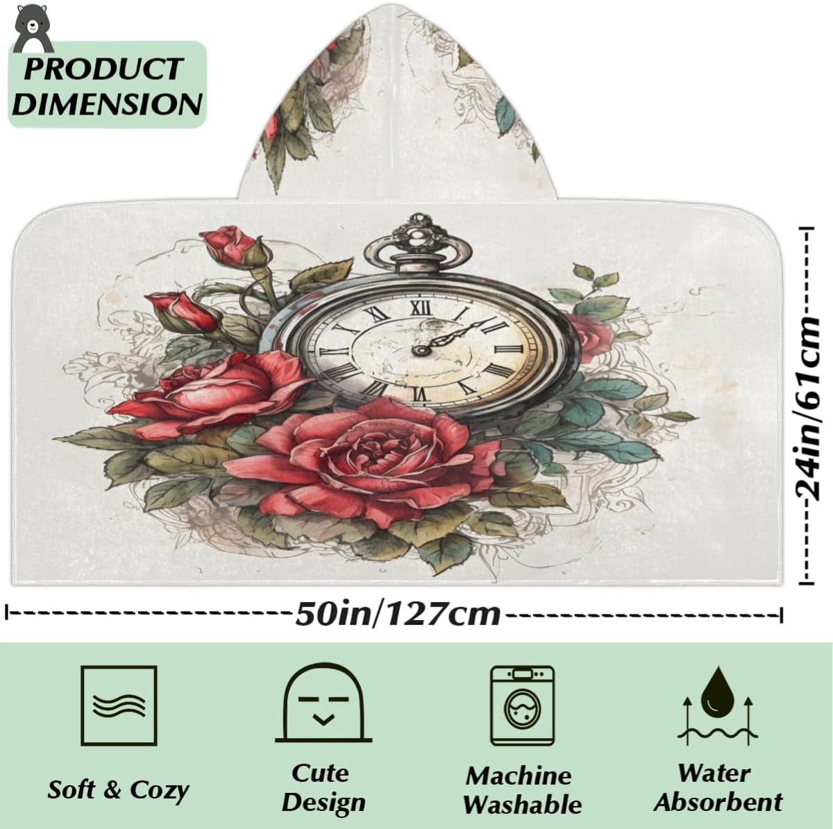 Pardick Kids Bath Towel Floral Clock Beach Towel with Hood Pool Cover Up for Girls Boys Soft Absorbent Hooded Bath Towel Toddler Towels for Beach, Pool