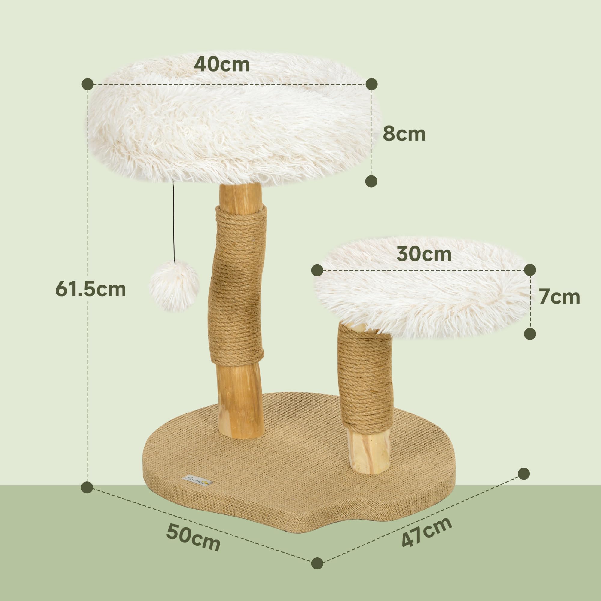 PawHut Drapak dla kota o wysokości 61,5 cm z piłką do zabawy, łóżkiem, wieża dla kota z deską do drapania dla kotów, dla kotów poniżej 5 kg, drewno gruszki, biały