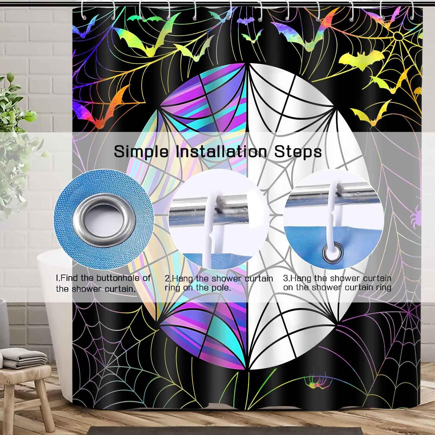 Spider Web Shower Curtains Halloween Gothic Art Stained Glazed Tile Spooky Wednesday Stained Glass Window Pattern Art Decor Set for Bathroom Black 72X72Inch