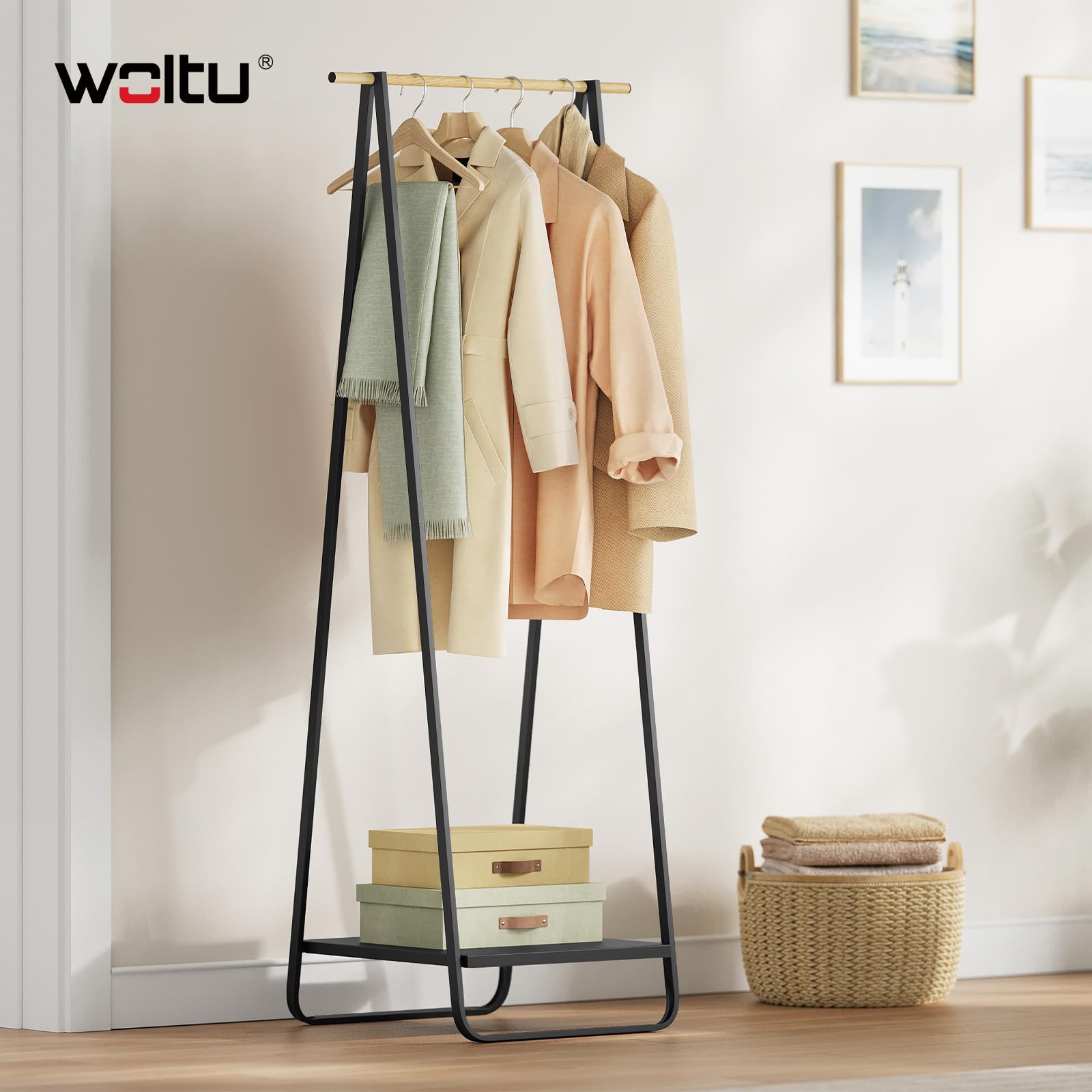 WOLTU Perchero con Estantes metálicos para Colgador Ropa Zapatos para Vestidor Pasillo Dormitorio, Negro, 54 x 45 x 141cm