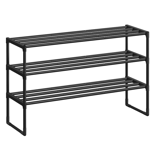 SONGMICS Shoe Rack 3-Tier Shoe Organizer Metal Storage Shelf Upright or Upside Down for 16-20 Pairs Stackable for