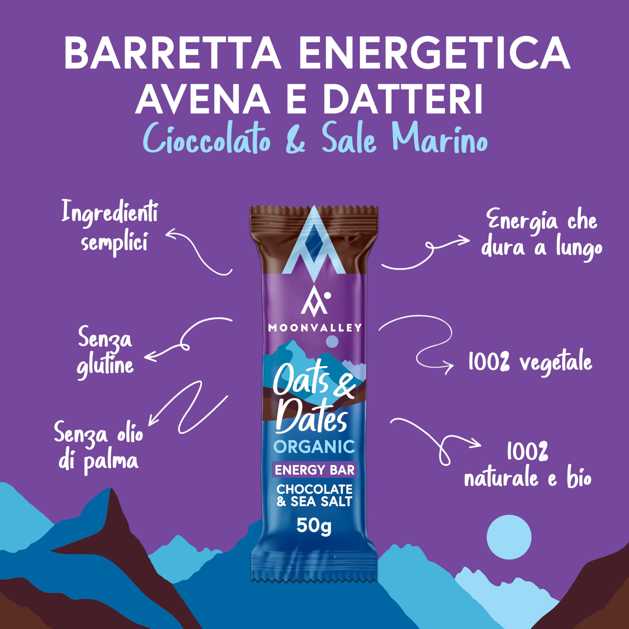 MOONVALLEY Barrette Energy al Cioccolato & Sale Marino – a base di Avena & Datteri - Vegan, Bio, Senza Glutine, Senza Zuccheri Aggiunti – Confezione da 12 Barrette da 50g