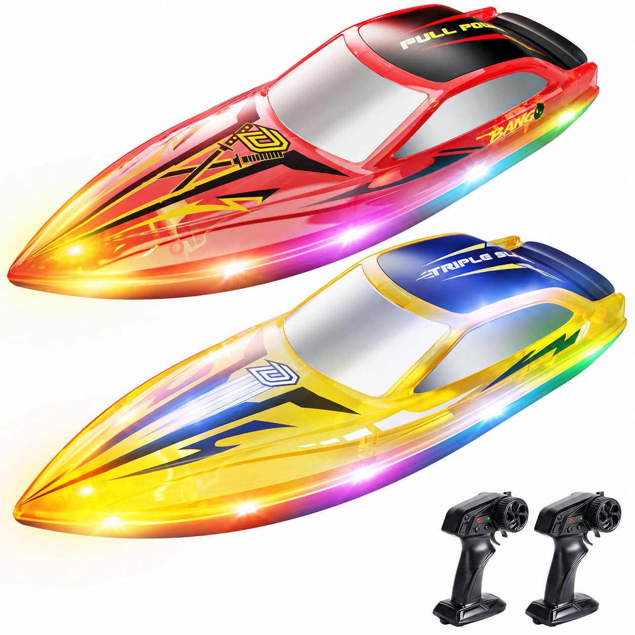 DEERC Lot de 2 Bateau Télécommandé Enfants, Bateau RC Rapide avec 4 Batteries Rechargeables, Jusqu'à 120 Min d'Autonomie, 7 Modes d'Éclairage LED, Redressement Automatique, 2,4 GHz Piscine et Lac