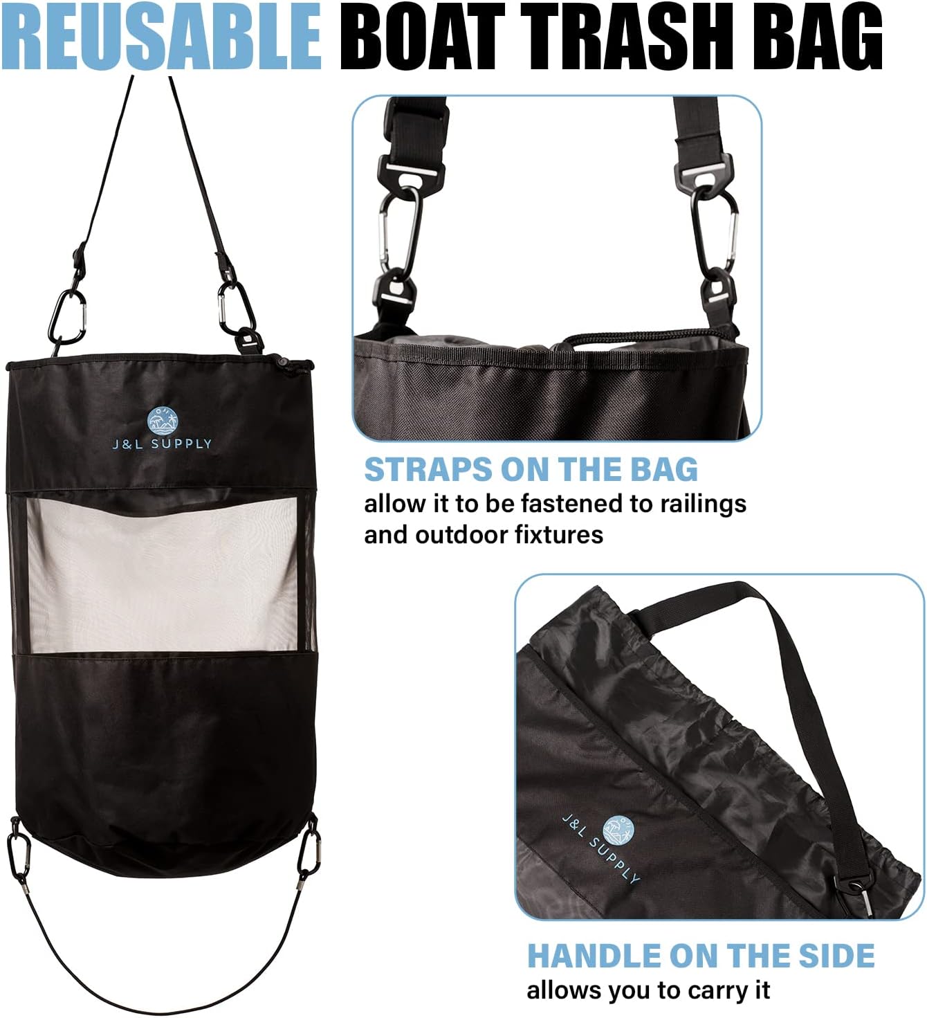 J&L Supply Boat Trash Bag, Reusable Trash Bag, Handle Trash Bag, Boating Equipment, Boat Storage, Boat Accessories Marine, Pontoon Boat Accessories, Fishing, RV, or Camping, Black : Sports & Outdoors