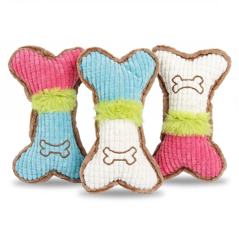 Brinquedos com Apito para Cães Jatmira, Ossos de Pelúcia com Costura Reforçada, Pacote com 3